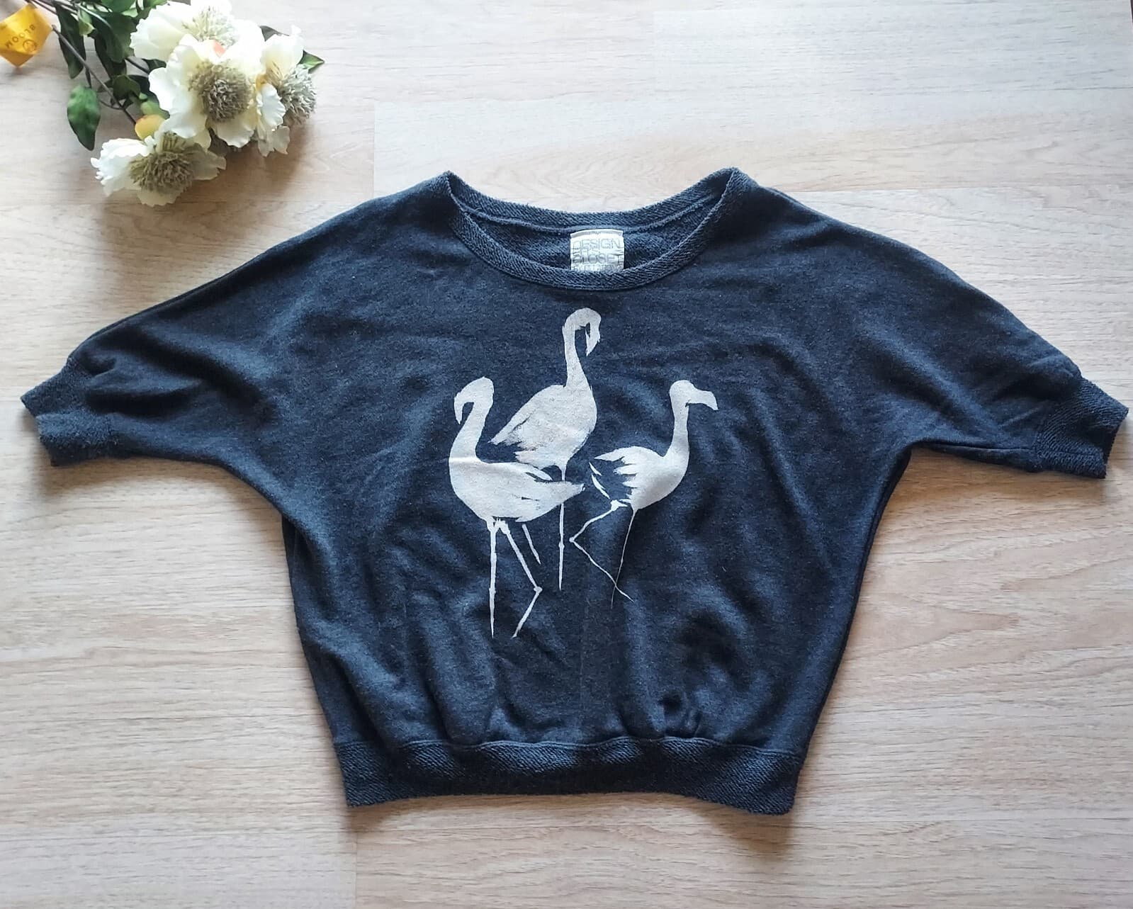 Billabong Designer's Closet Bird Terry Knit Top 3/4 Sleeve Black Grey Women M - Thumbnail 2