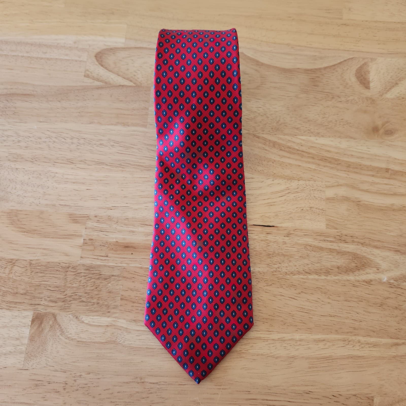 Vintage Christian Dior Made in USA 100% Italian Silk Diamond Neck-Tie Blue Red - Thumbnail 2