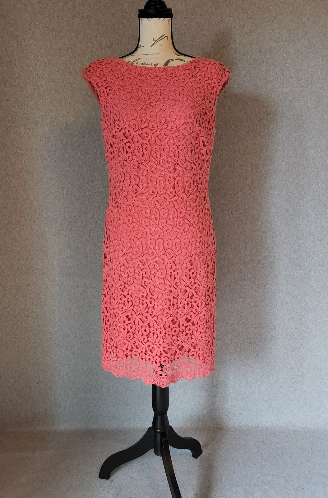 Lauren Ralph Lauren Pink Lace Sheath Dress Cap-Sleeve Zip 100% Cotton Women 10 - Thumbnail 2