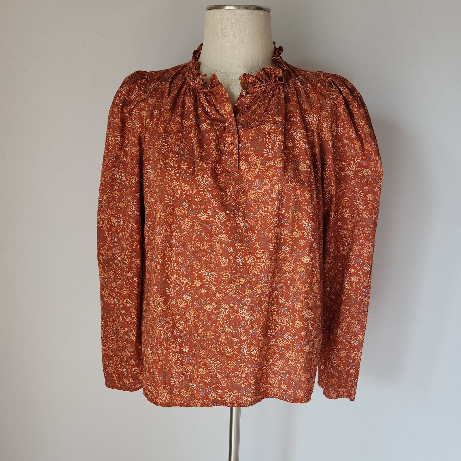 House of Harlow 1960 Nicole Richie Josepha Floral Blouse Long Sleeve Rust Sz.M - Thumbnail 3