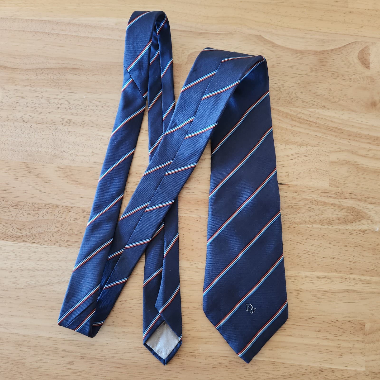 Vintage Christian Dior Silk Signature Logo Blue Red White Stripe Neck-Tie 56"x3" - Thumbnail 3