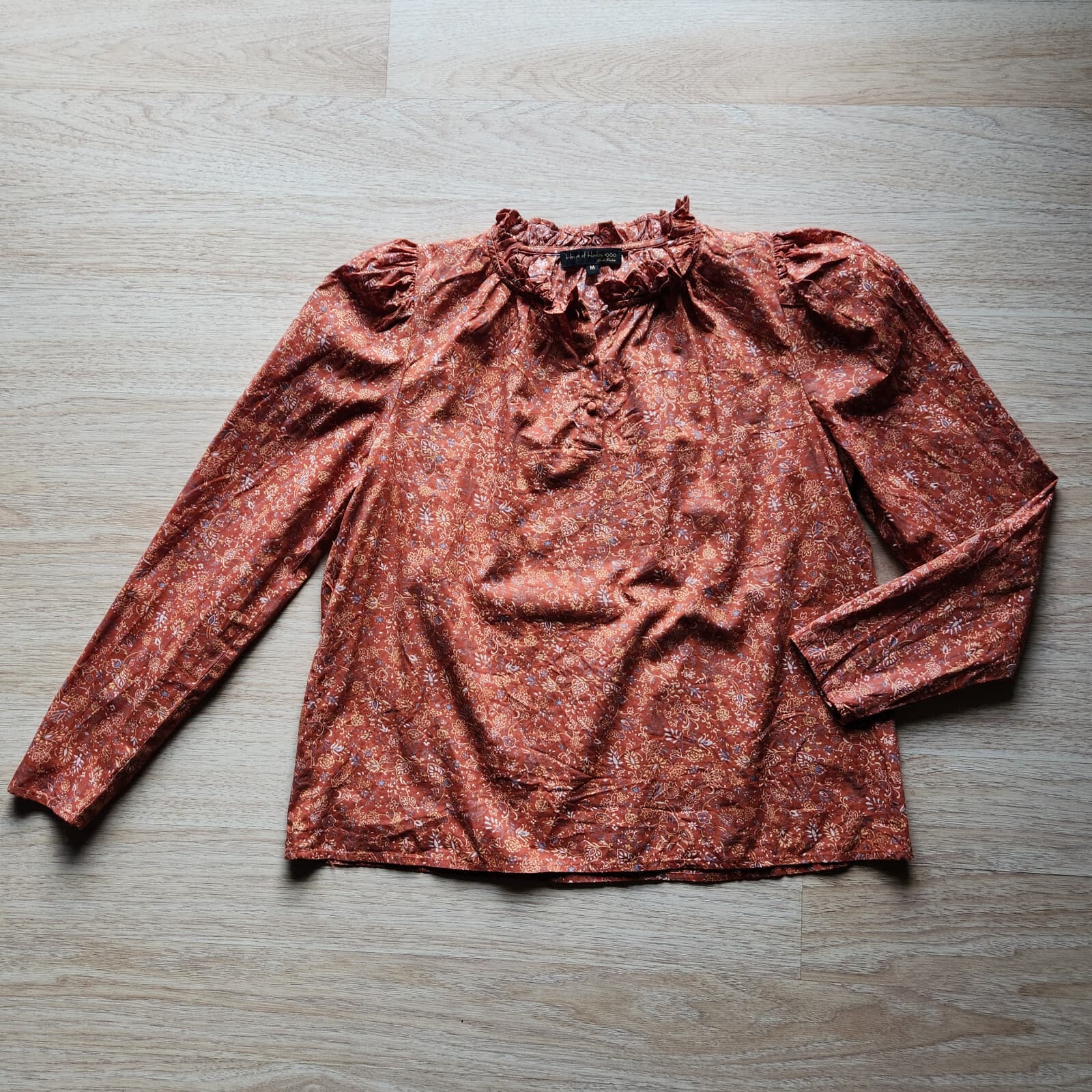 House of Harlow 1960 Nicole Richie Josepha Floral Blouse Long Sleeve Rust Sz.M - Thumbnail 9