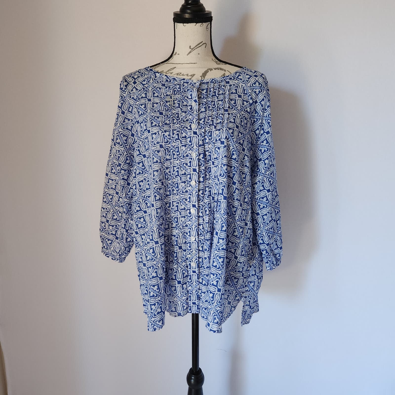 NWoT Talbots Floral Tunic Top 3/4 Sleeve Button Down Blue White Cotton Women X - Thumbnail 2