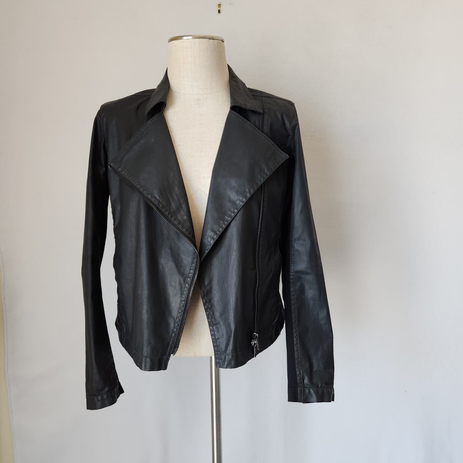 EILEEN FISHER Moto Jacket Asymmetrical-Zip Coated Cotton Resins Stretch Black XS - Thumbnail 2