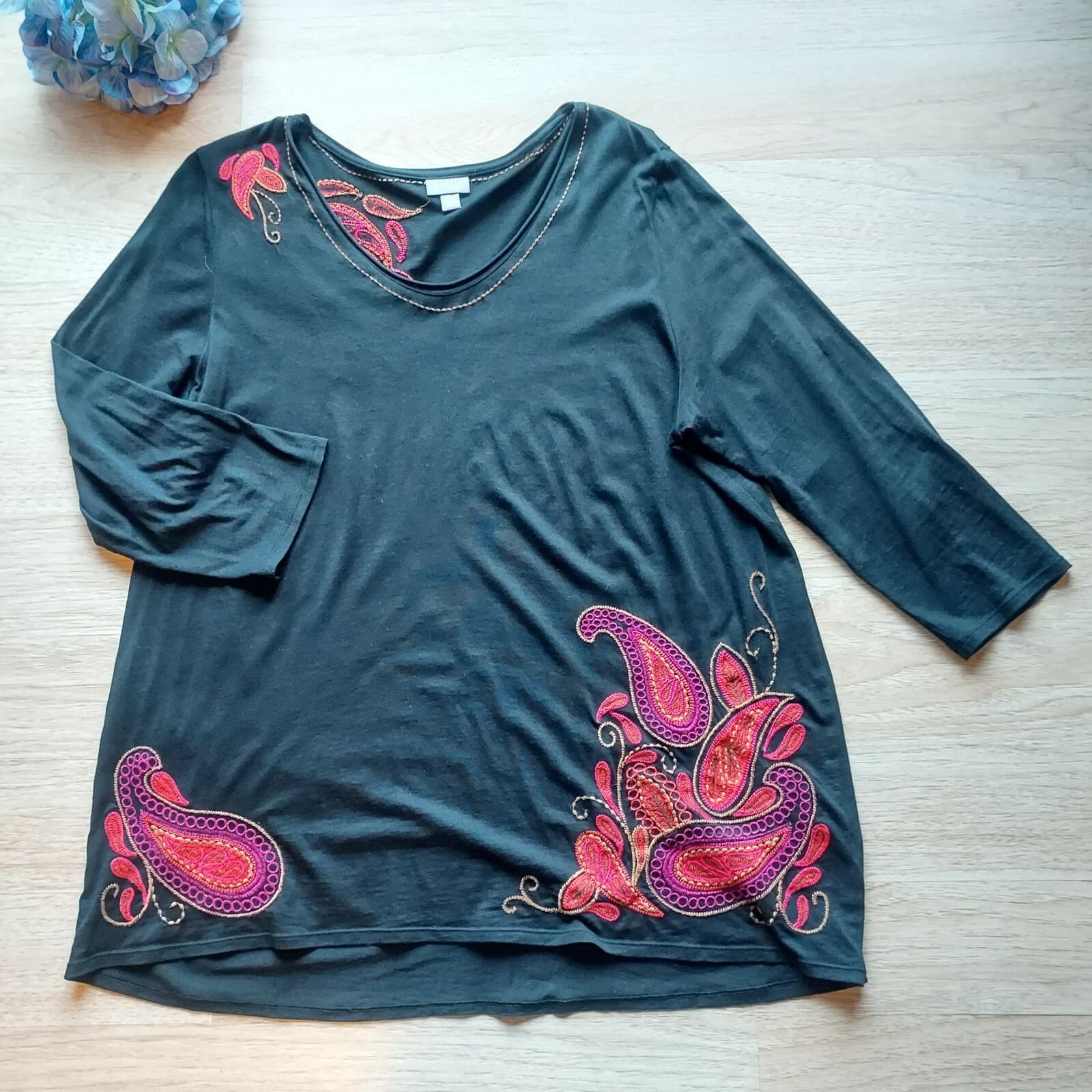 J.Jill Paisley Embroidered Tunic Top 3/4 Sleeve Black Pima Cotton Blend Women L - Thumbnail 2