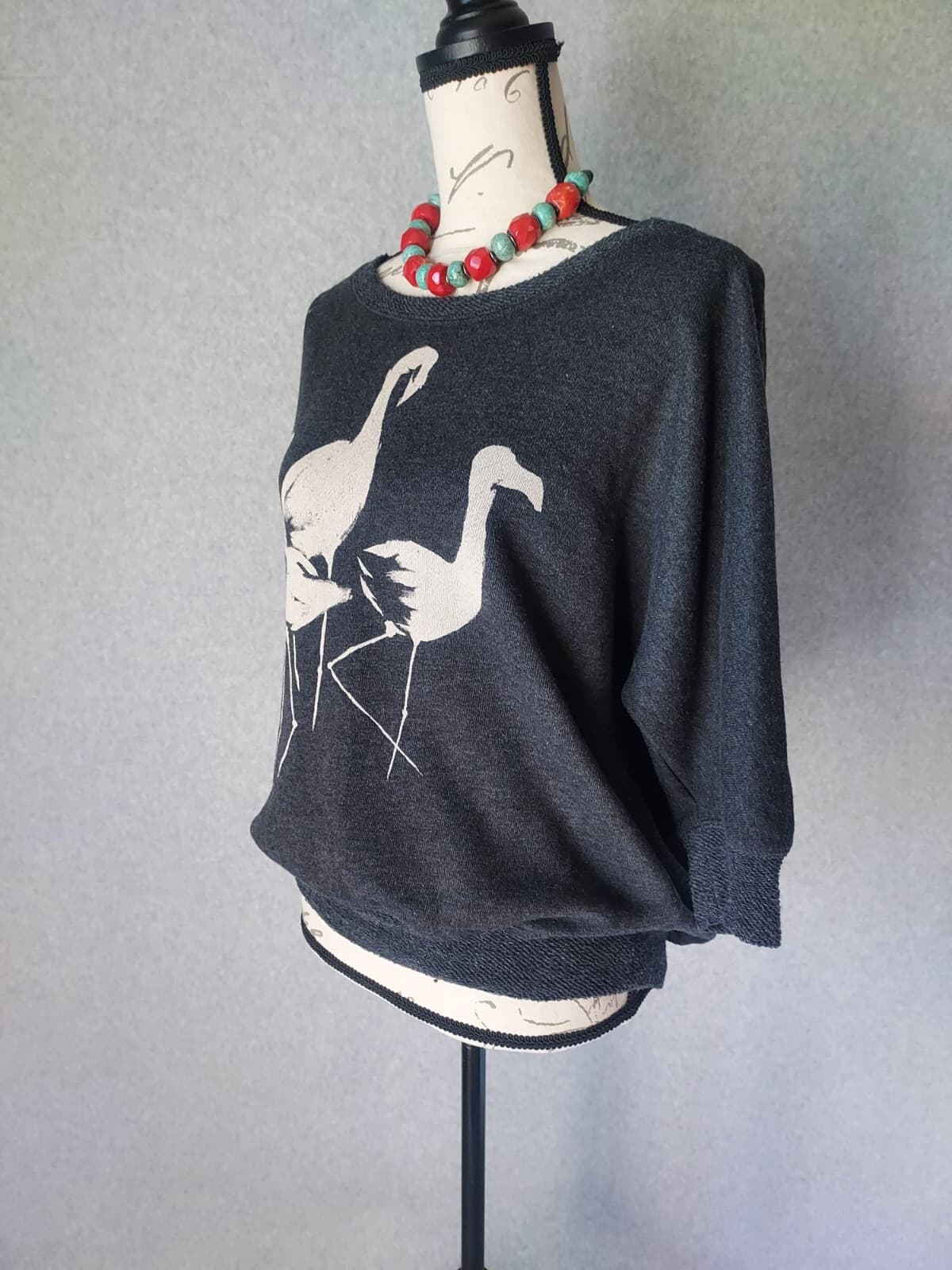 Billabong Designer's Closet Bird Terry Knit Top 3/4 Sleeve Black Grey Women M - Thumbnail 4