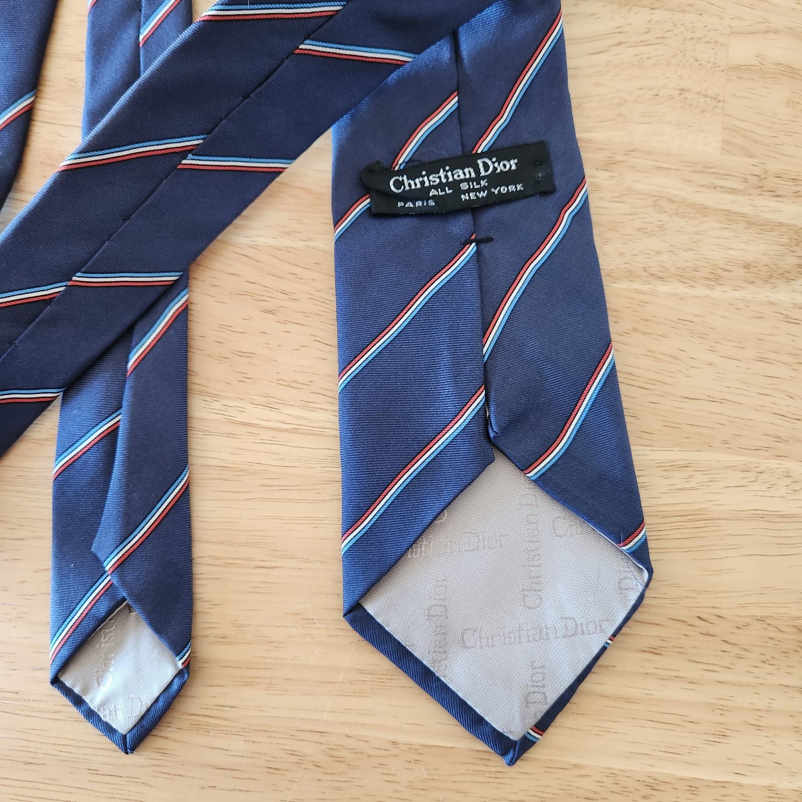 Vintage Christian Dior Silk Signature Logo Blue Red White Stripe Neck-Tie 56"x3" - Thumbnail 4
