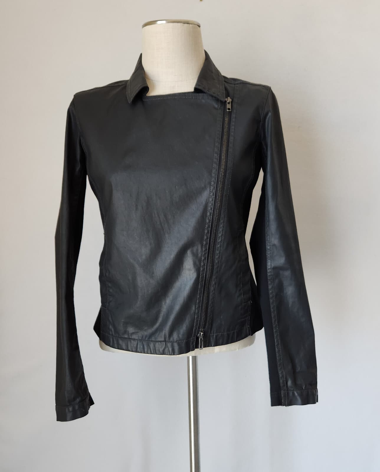 EILEEN FISHER Moto Jacket Asymmetrical-Zip Coated Cotton Resins Stretch Black XS - Thumbnail 3