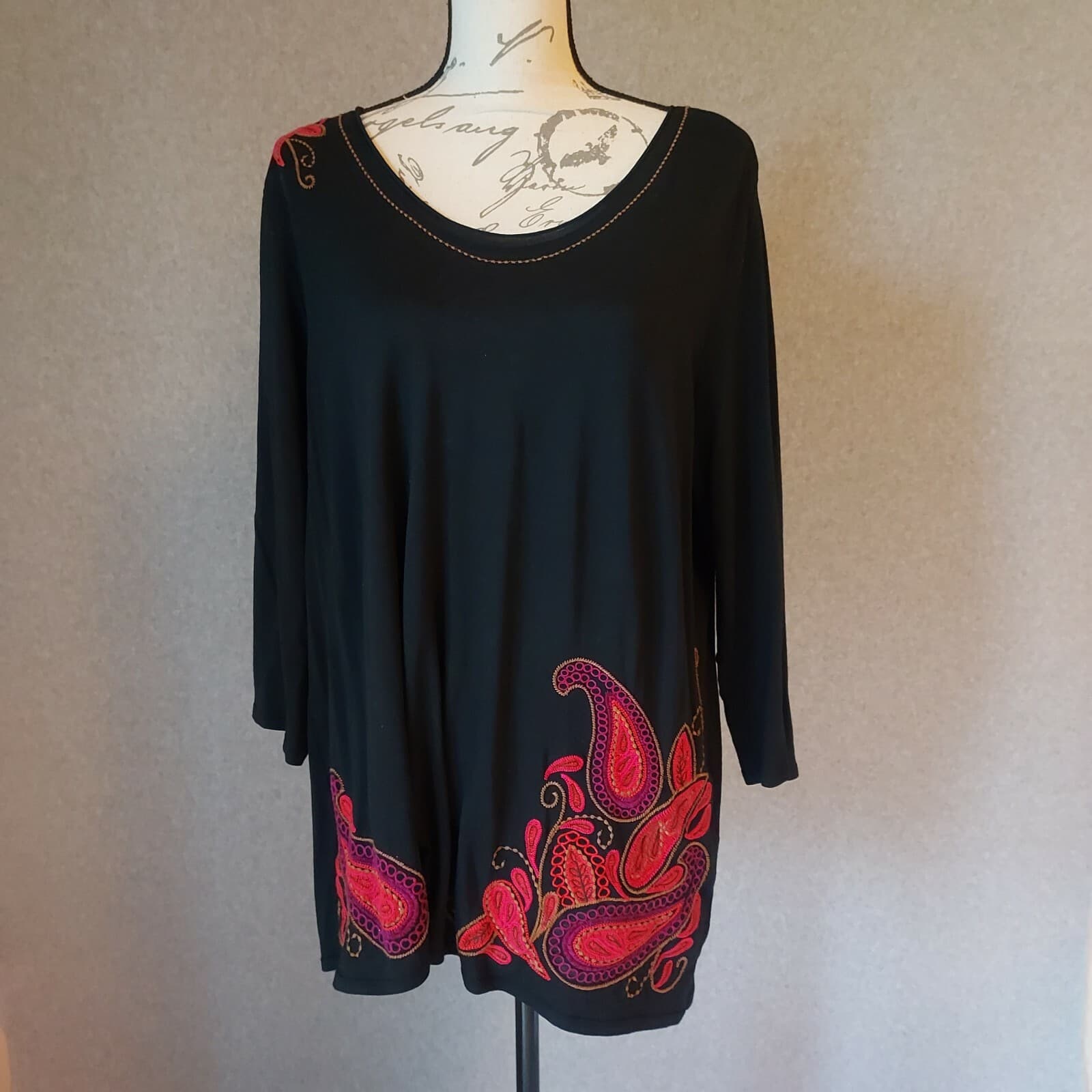 J.Jill Paisley Embroidered Tunic Top 3/4 Sleeve Black Pima Cotton Blend Women L