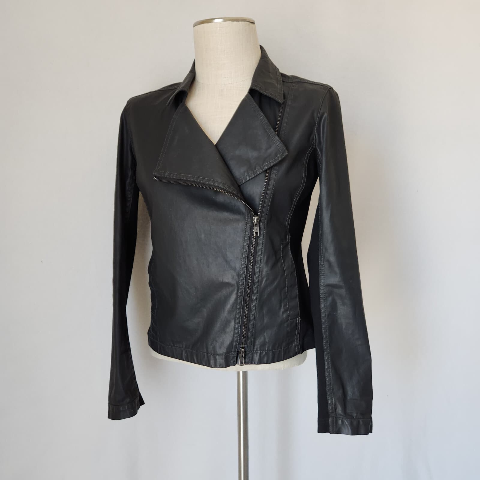 EILEEN FISHER Moto Jacket Asymmetrical-Zip Coated Cotton Resins Stretch Black XS - Thumbnail 4