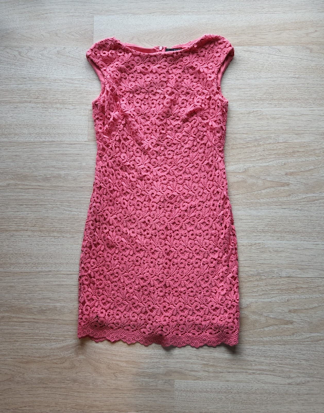 Lauren Ralph Lauren Pink Lace Sheath Dress Cap-Sleeve Zip 100% Cotton Women 10 - Thumbnail 5