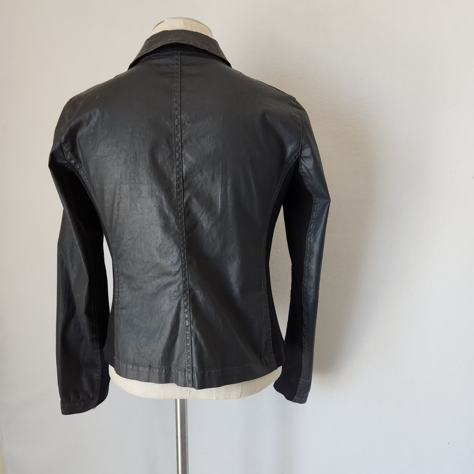EILEEN FISHER Moto Jacket Asymmetrical-Zip Coated Cotton Resins Stretch Black XS - Thumbnail 6