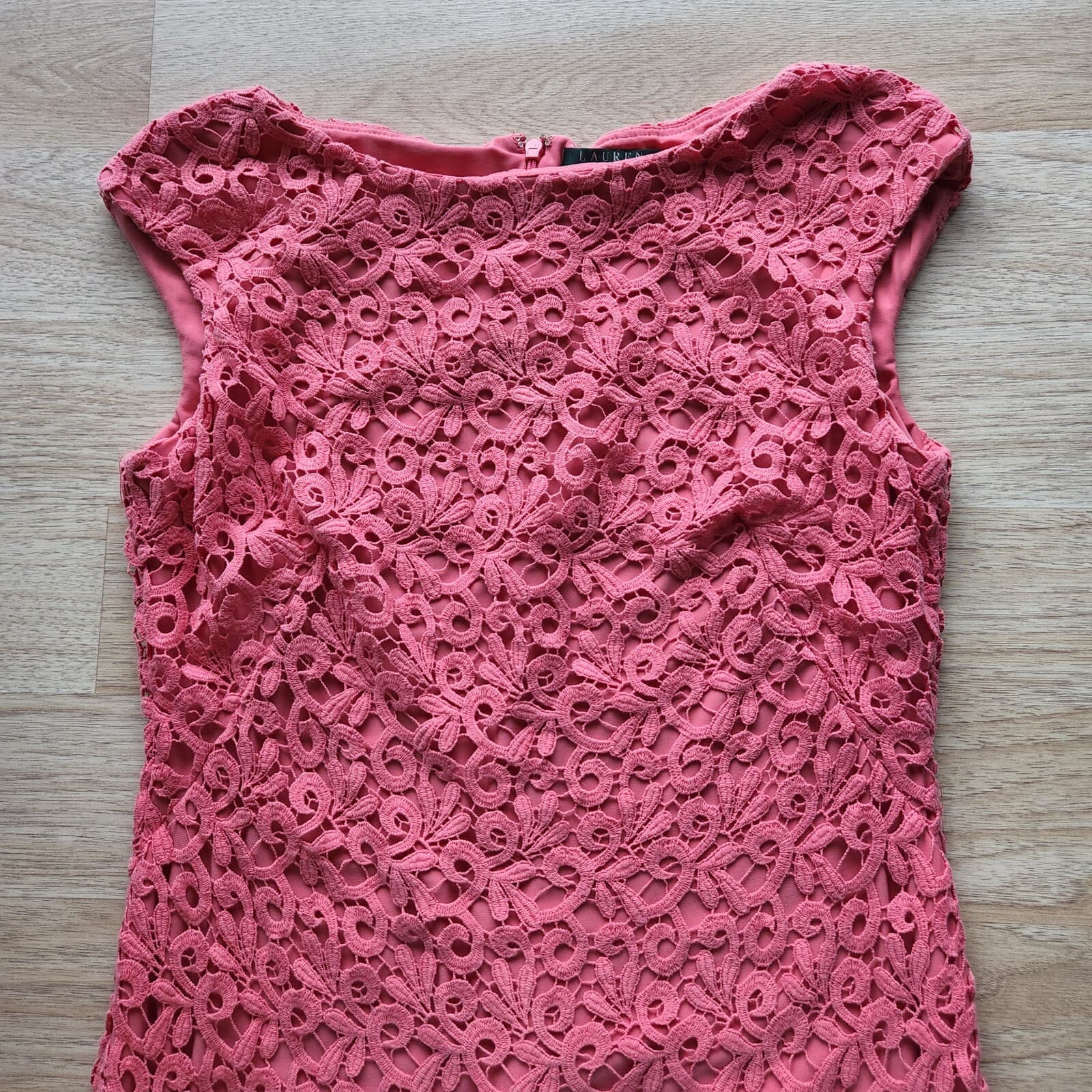 Lauren Ralph Lauren Pink Lace Sheath Dress Cap-Sleeve Zip 100% Cotton Women 10 - Thumbnail 7