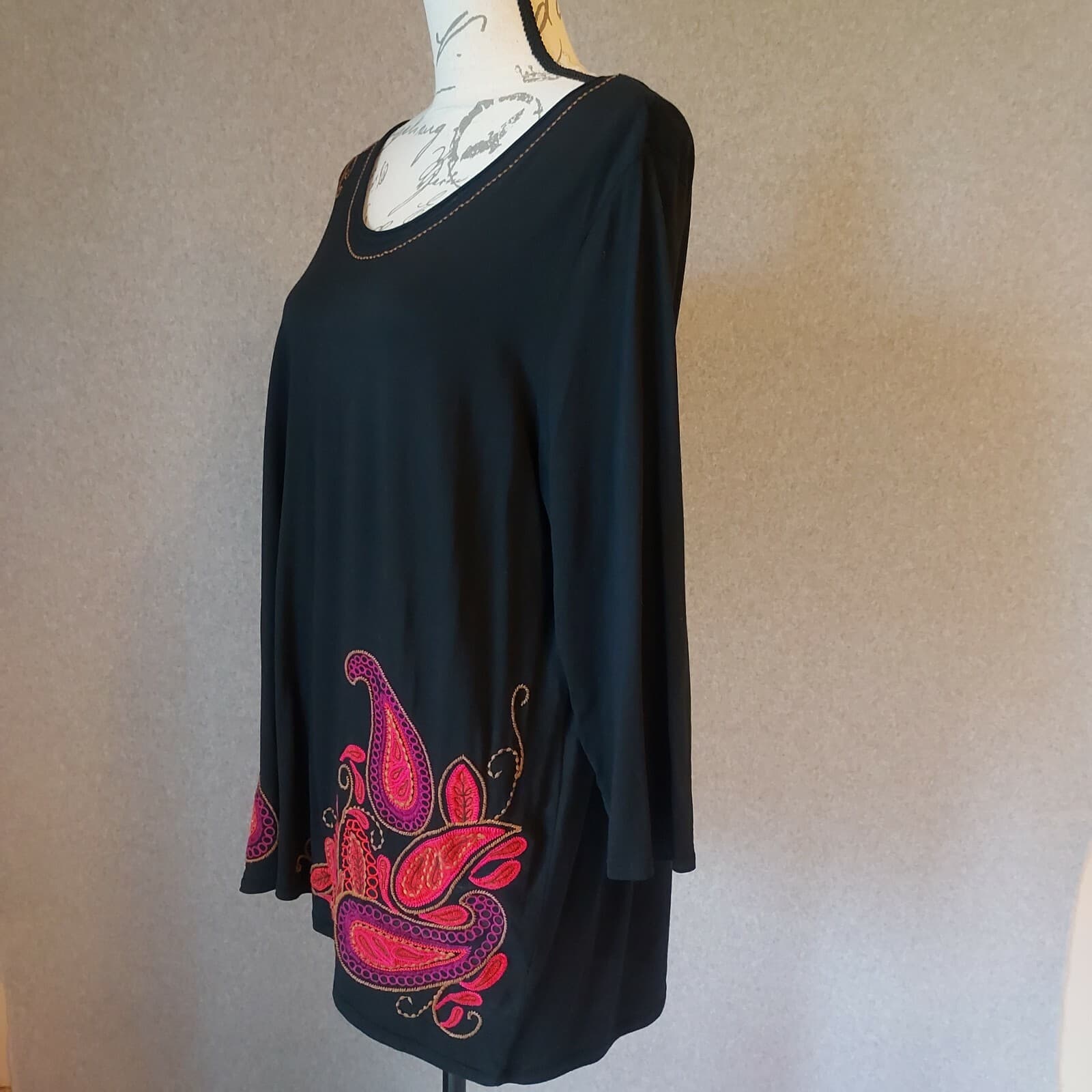 J.Jill Paisley Embroidered Tunic Top 3/4 Sleeve Black Pima Cotton Blend Women L - Thumbnail 3