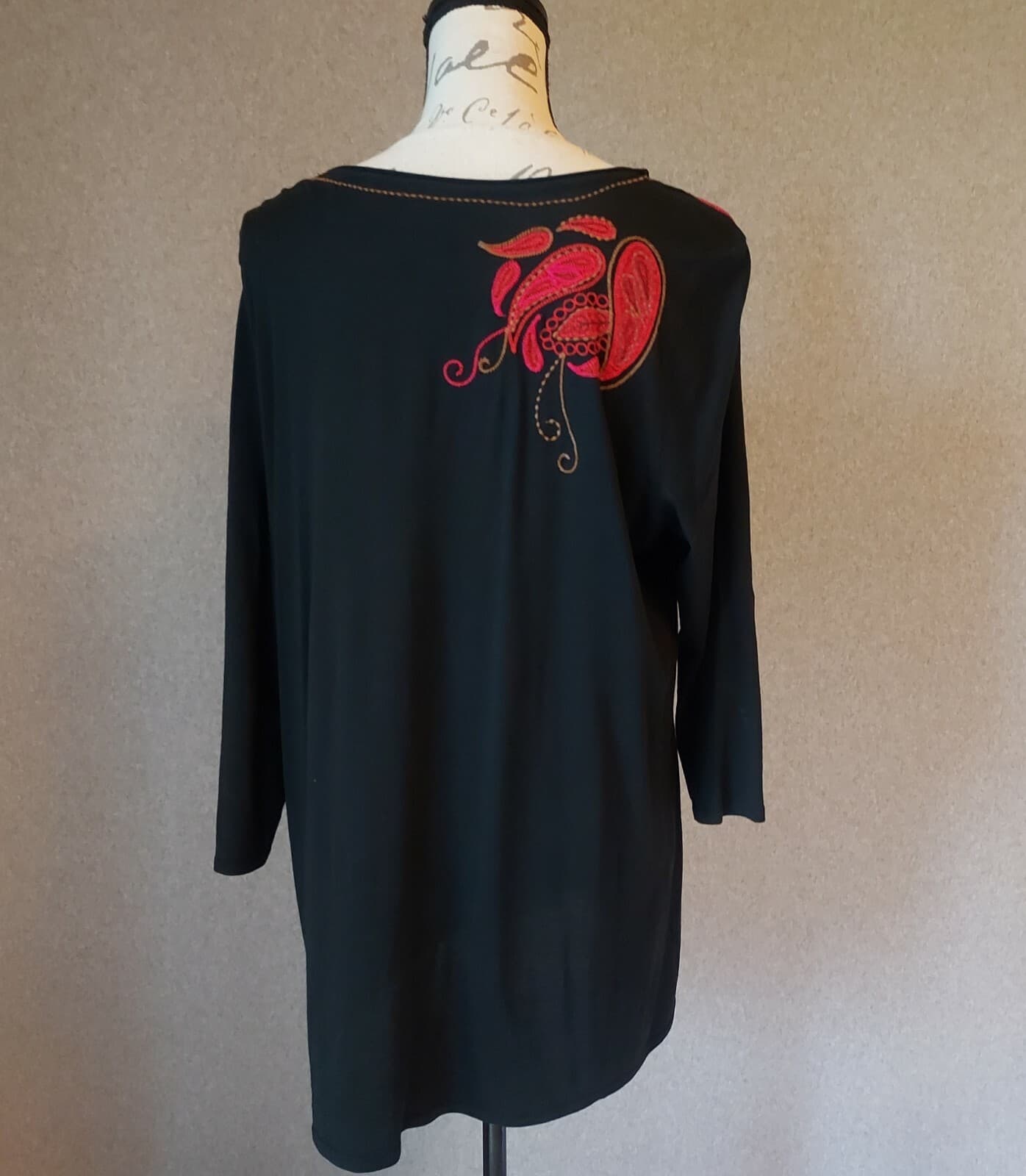J.Jill Paisley Embroidered Tunic Top 3/4 Sleeve Black Pima Cotton Blend Women L - Thumbnail 4