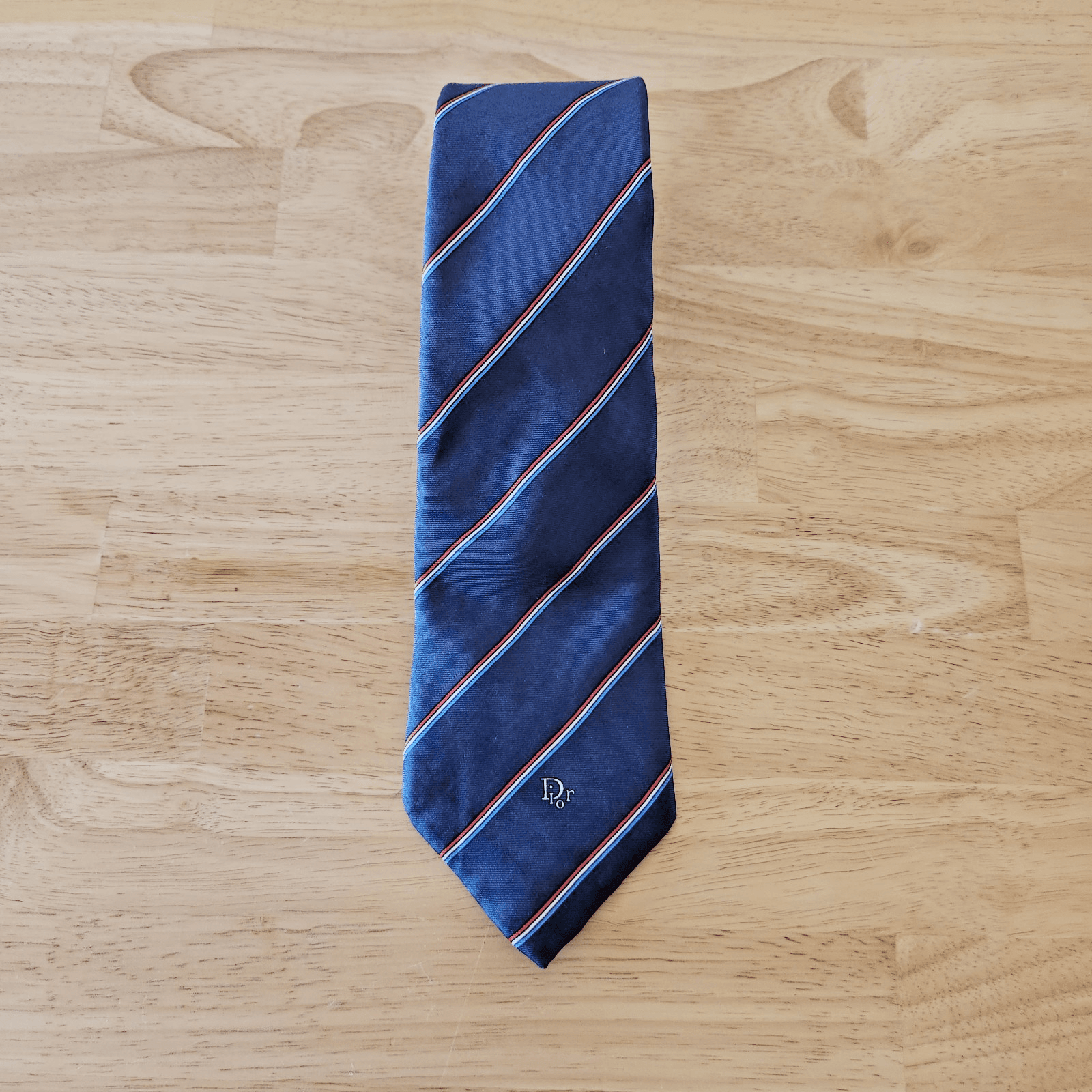 Vintage Christian Dior Silk Signature Logo Blue Red White Stripe Neck-Tie 56"x3" - Thumbnail 2