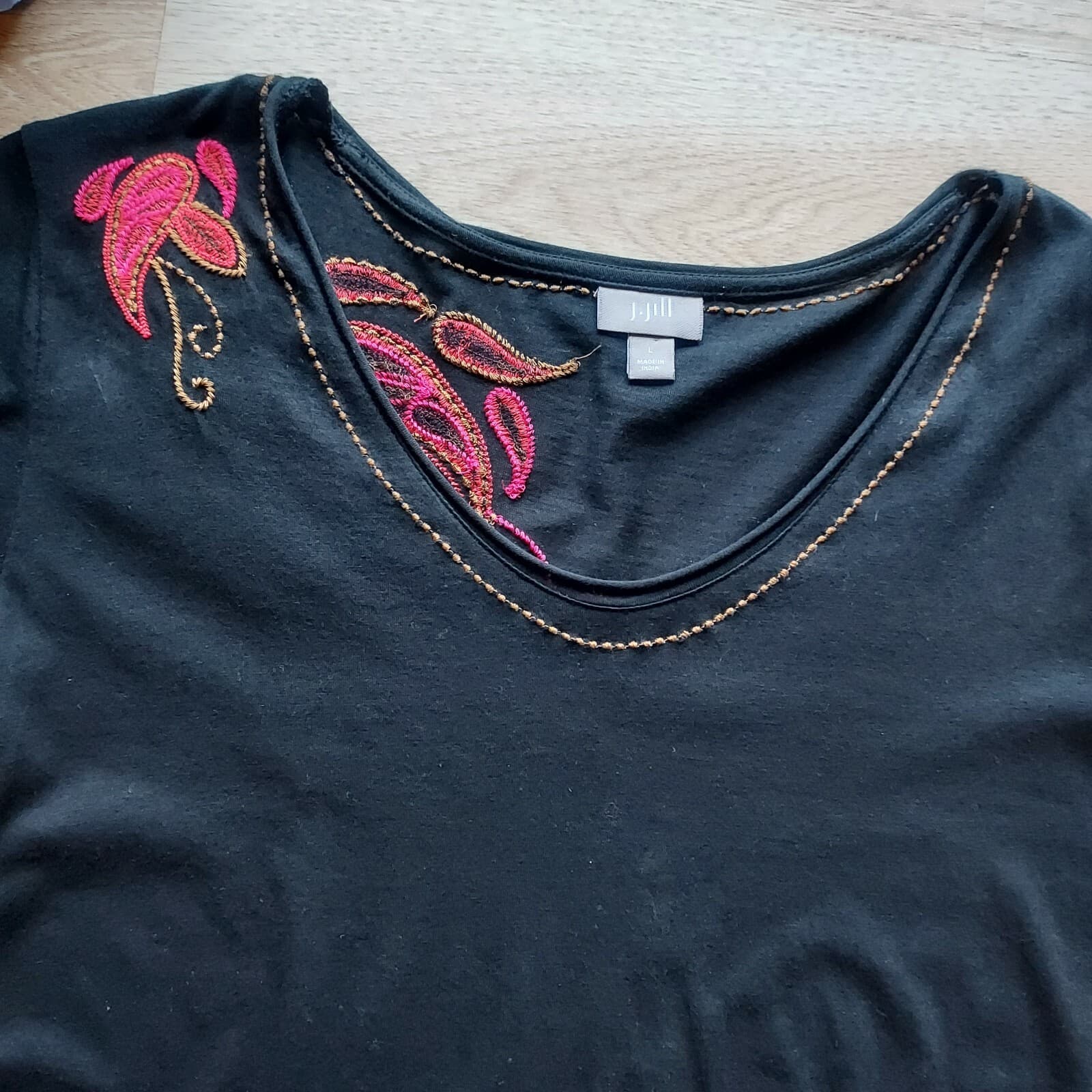 J.Jill Paisley Embroidered Tunic Top 3/4 Sleeve Black Pima Cotton Blend Women L - Thumbnail 7