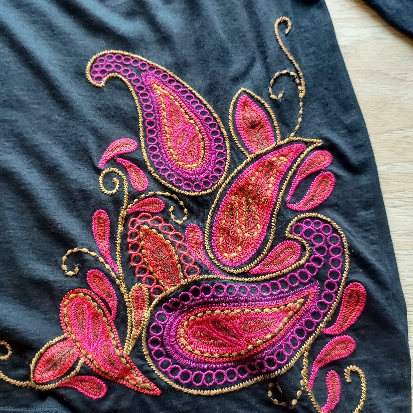 J.Jill Paisley Embroidered Tunic Top 3/4 Sleeve Black Pima Cotton Blend Women L - Thumbnail 5