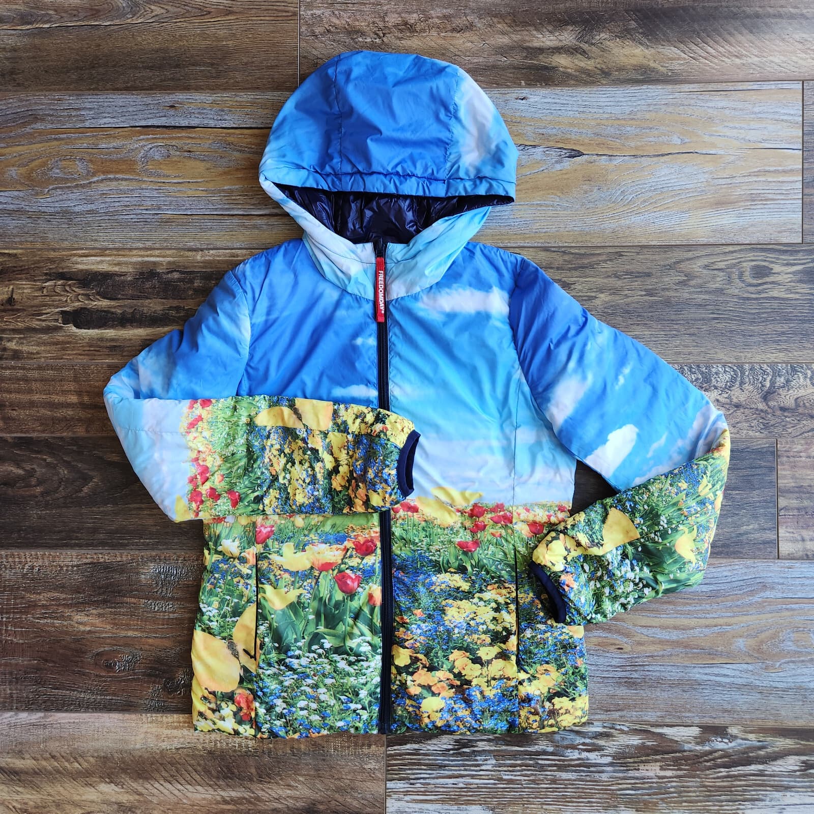 FREEDOMDAY Jane Puffer Hooded Reversibel Jacket Zip-Up Floral Solid Blue Girl 16 - Thumbnail 3