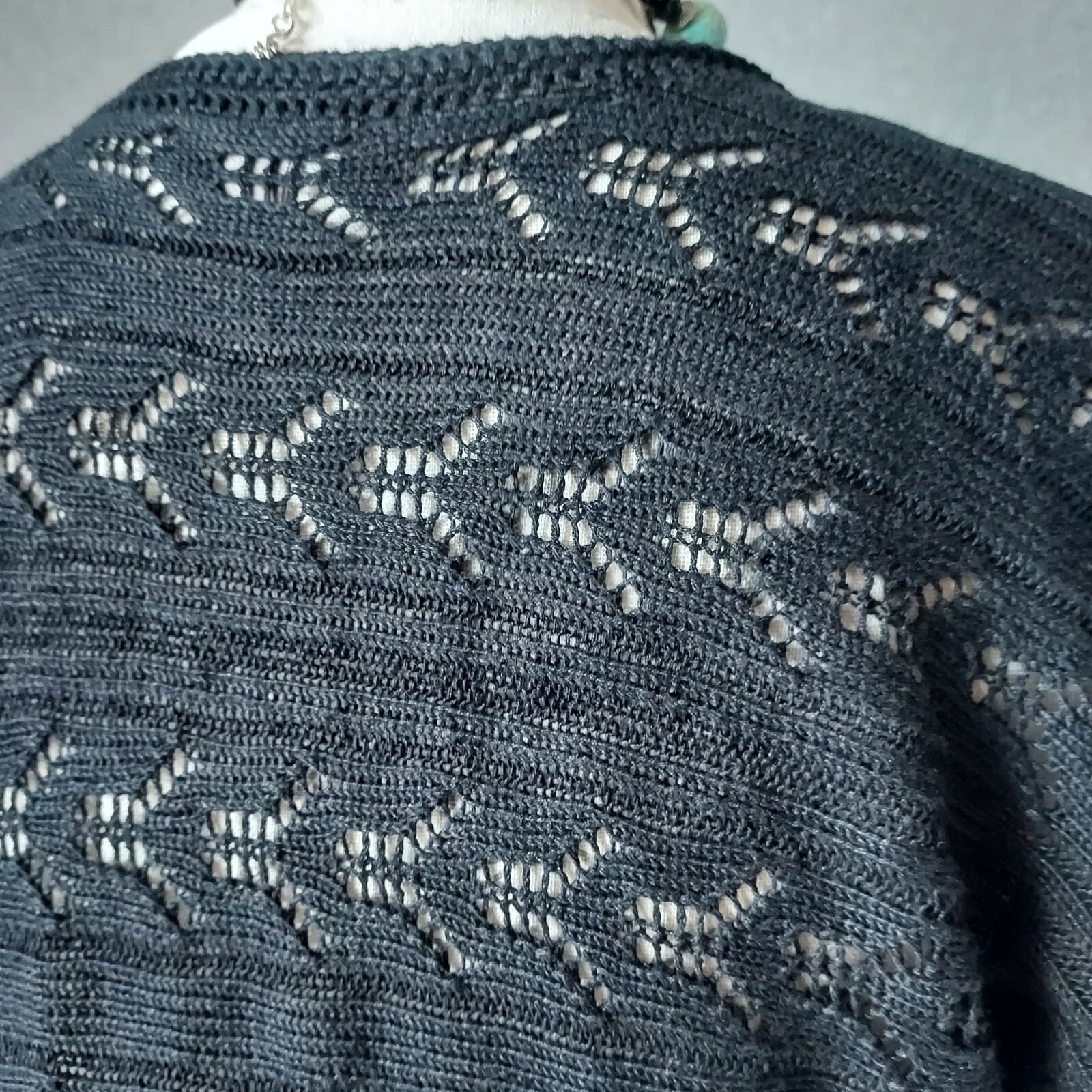 J.Jill Crochet Knit Beach Over Top Linen Blend One-Pearl Button Black Women Sz.M - Thumbnail 6
