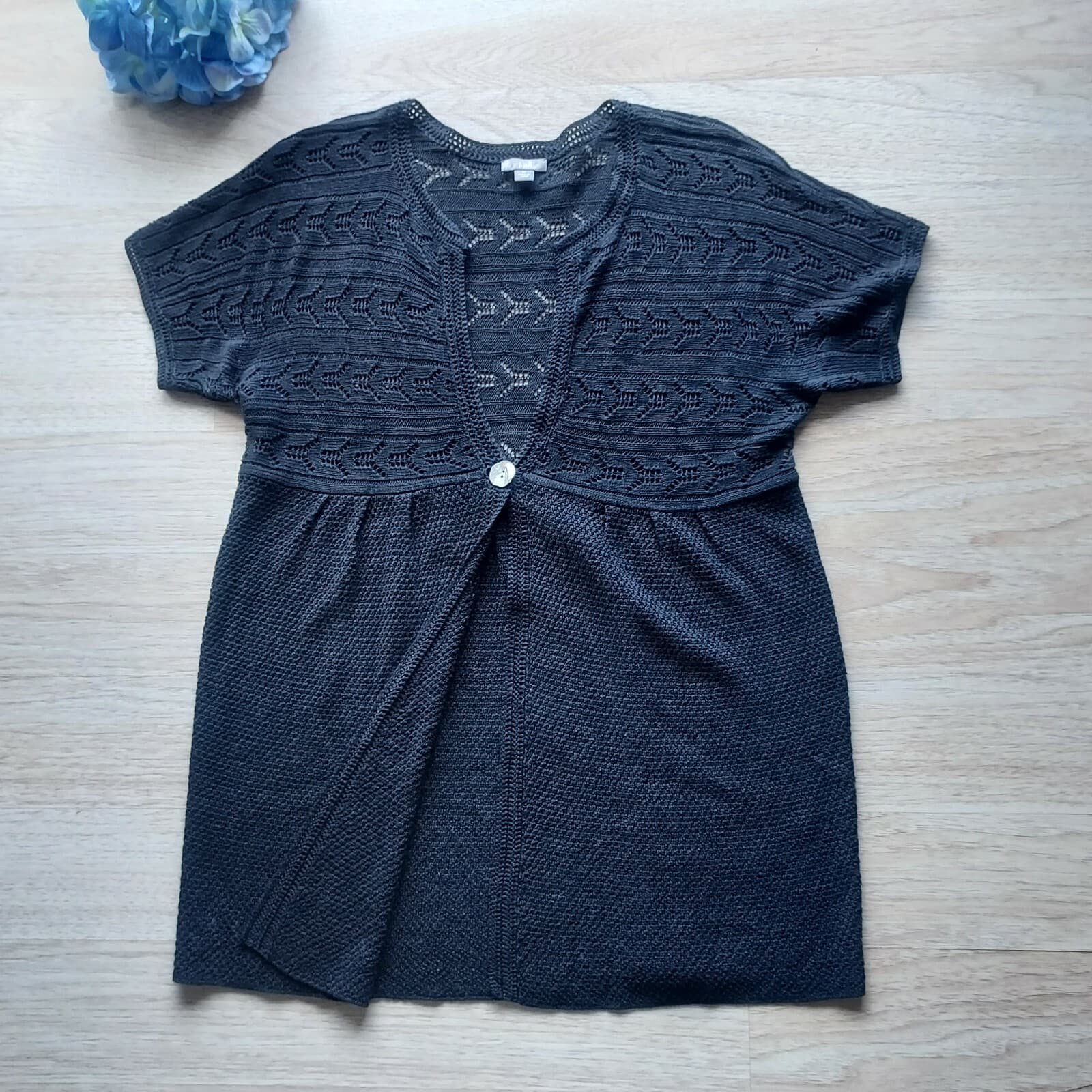 J.Jill Crochet Knit Beach Over Top Linen Blend One-Pearl Button Black Women Sz.M