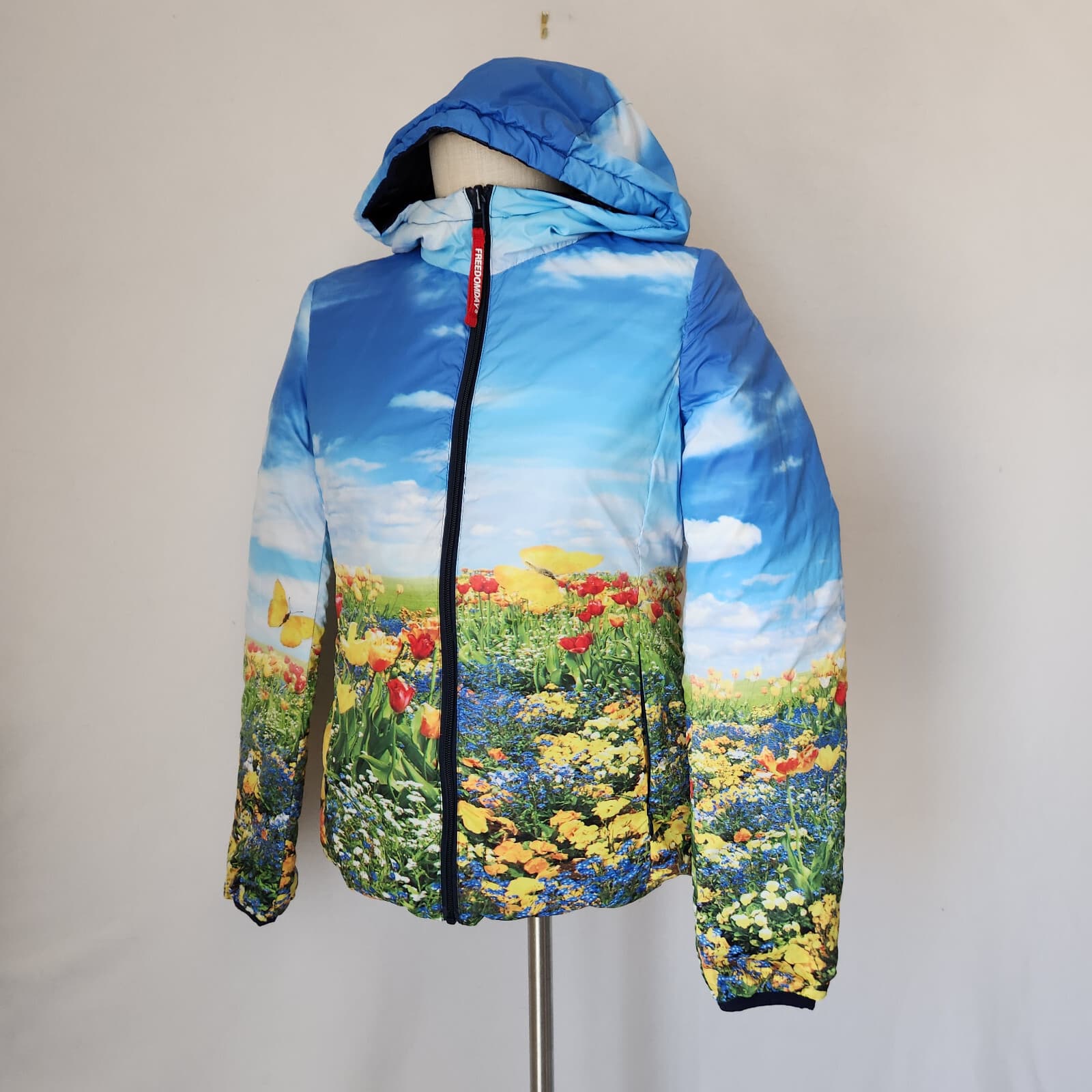 FREEDOMDAY Jane Puffer Hooded Reversibel Jacket Zip-Up Floral Solid Blue Girl 16 - Thumbnail 4