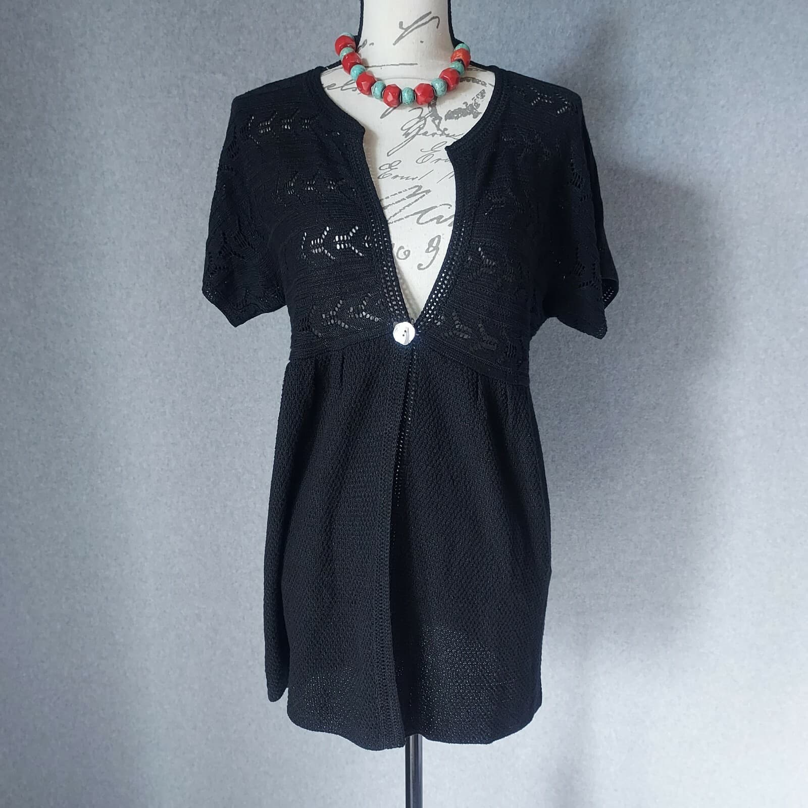 J.Jill Crochet Knit Beach Over Top Linen Blend One-Pearl Button Black Women Sz.M - Thumbnail 2