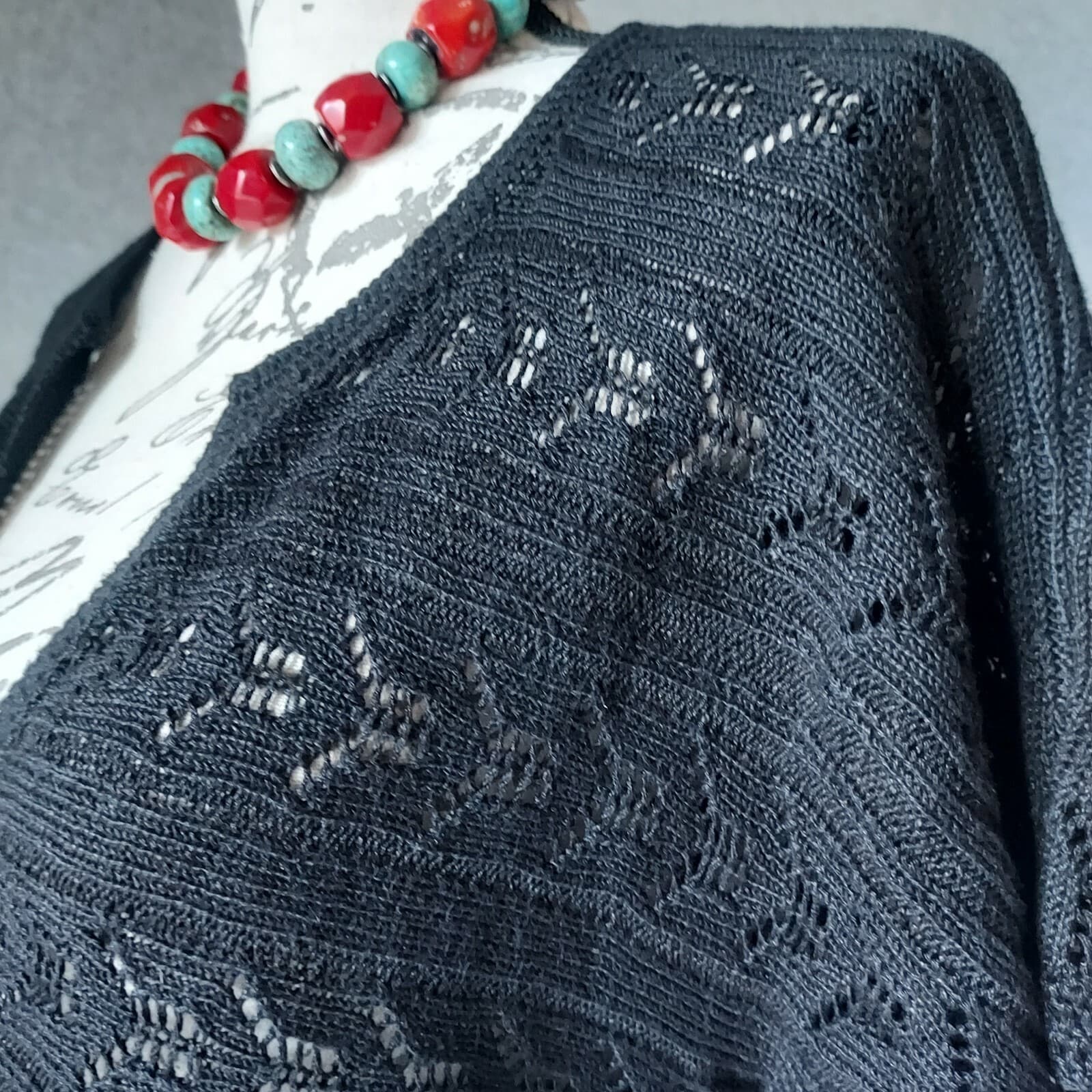 J.Jill Crochet Knit Beach Over Top Linen Blend One-Pearl Button Black Women Sz.M - Thumbnail 3