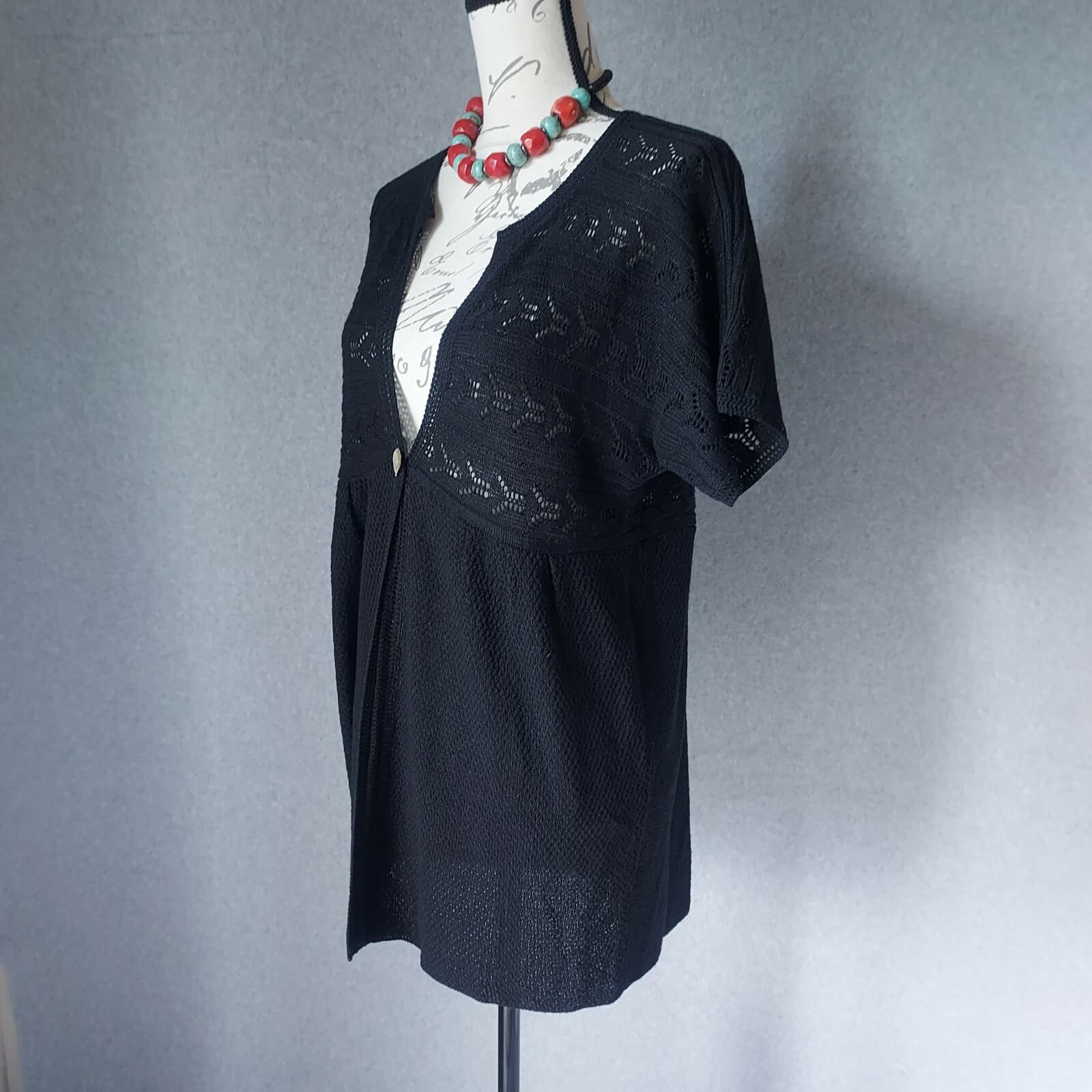 J.Jill Crochet Knit Beach Over Top Linen Blend One-Pearl Button Black Women Sz.M - Thumbnail 4
