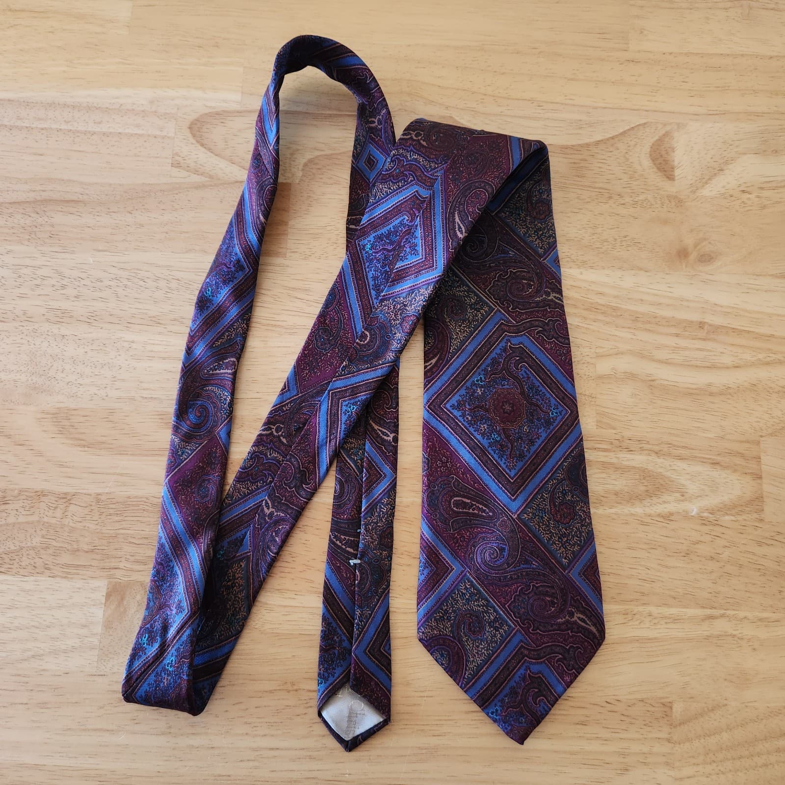 Vintage Christian Dior Made in USA Italian Silk Floral Paisley Neck-Tie Blue Red - Thumbnail 3