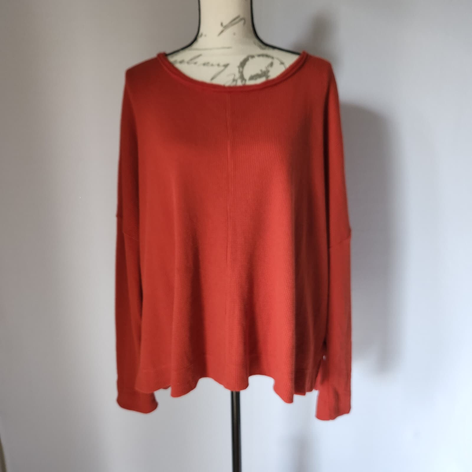 Anthropologie Sage Nori Waffle Knit Top Drop Shoulder Long Sleeve Red Oversize M - Thumbnail 4