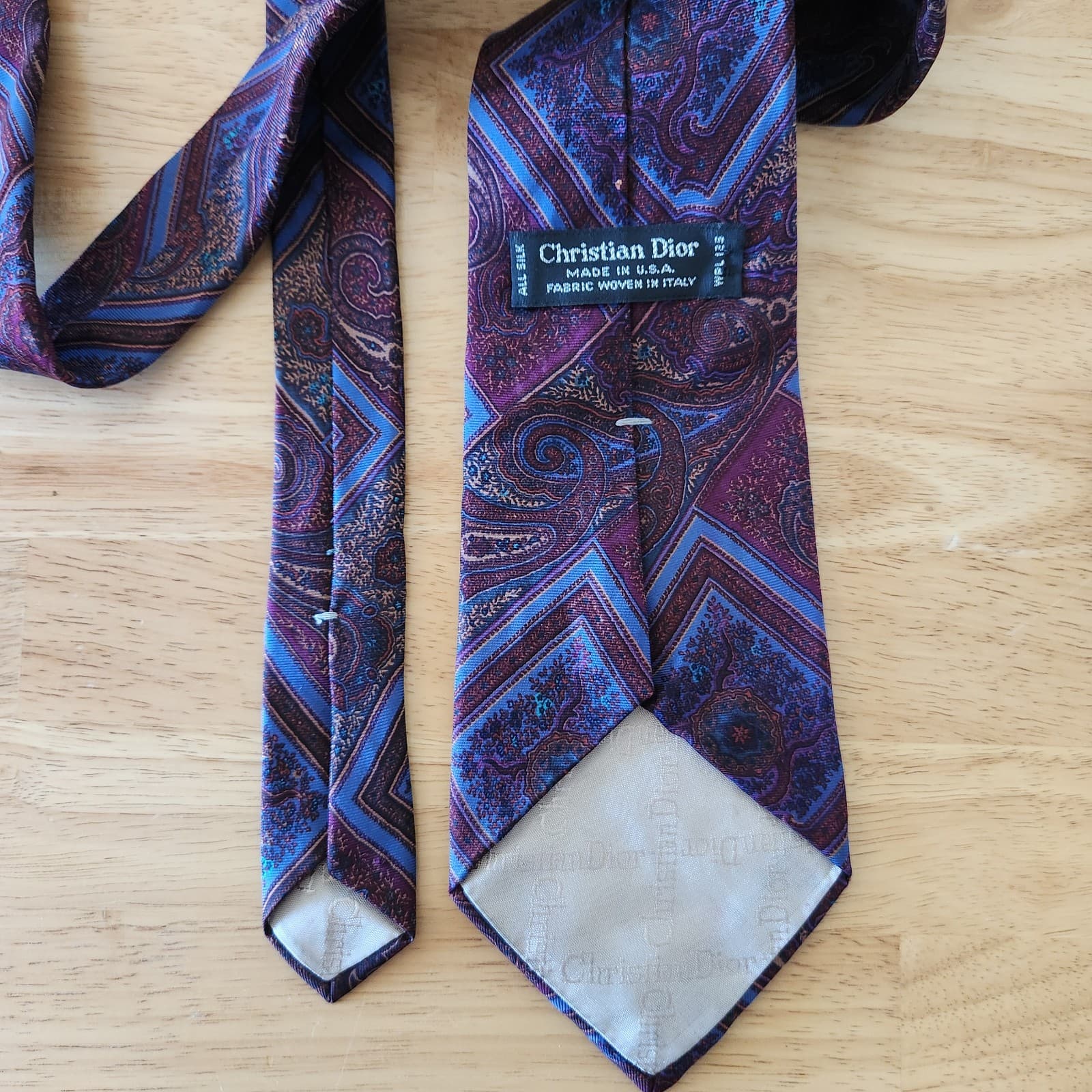 Vintage Christian Dior Made in USA Italian Silk Floral Paisley Neck-Tie Blue Red - Thumbnail 4