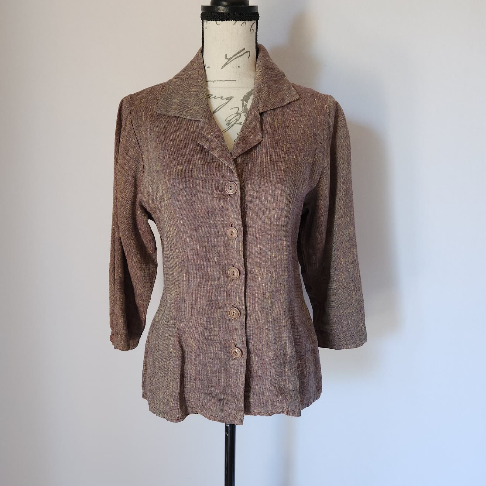 FLAX by Jeanne Enelhart 100% Linen Top 3/4 Sleeve Button Brown Petite (Bust 38")