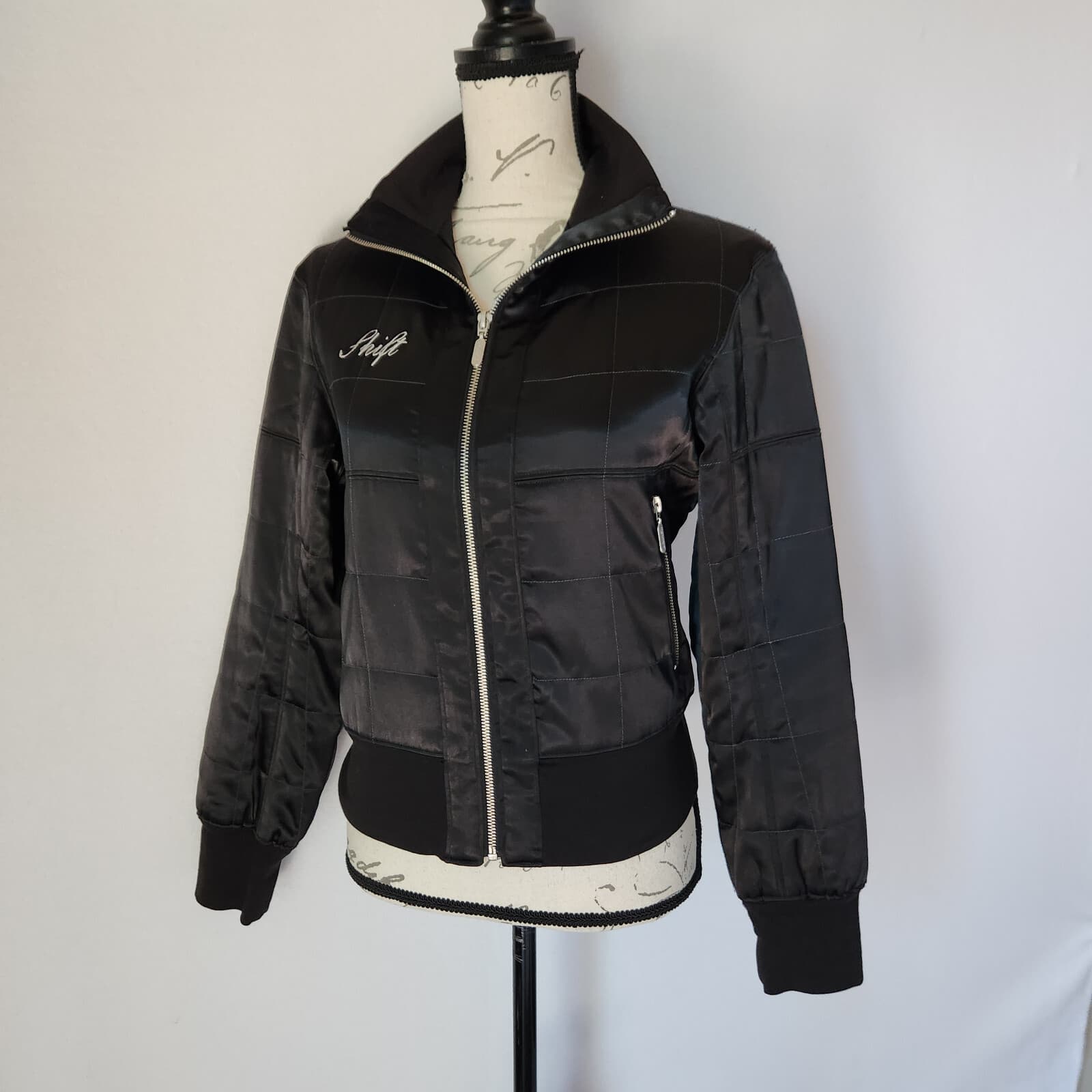 Shift Quilted Puffer Bomber Motorcycle Jacket Zip-Up Pocket Black Women's M - Thumbnail 2