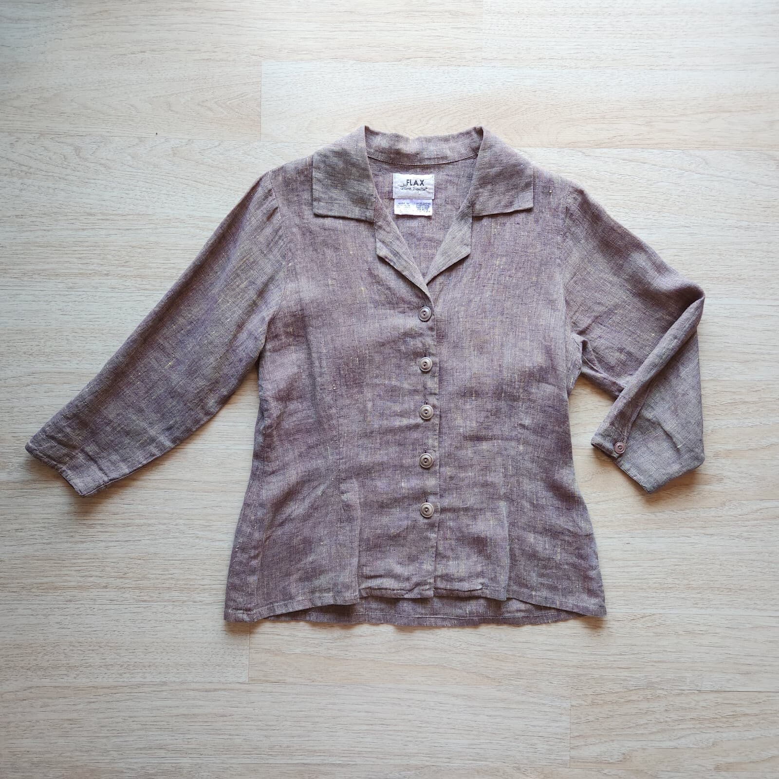 FLAX by Jeanne Enelhart 100% Linen Top 3/4 Sleeve Button Brown Petite (Bust 38") - Thumbnail 5