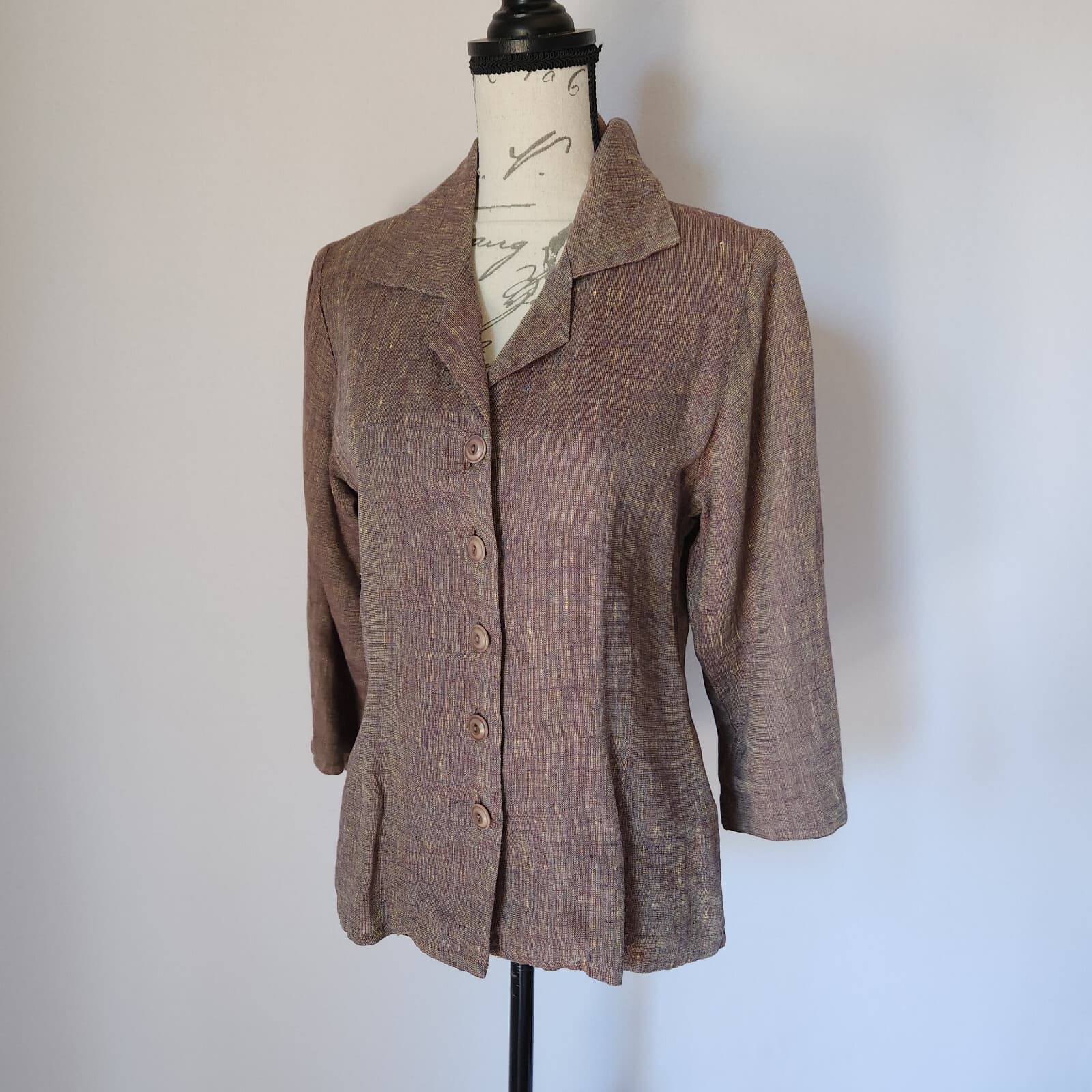 FLAX by Jeanne Enelhart 100% Linen Top 3/4 Sleeve Button Brown Petite (Bust 38") - Thumbnail 2