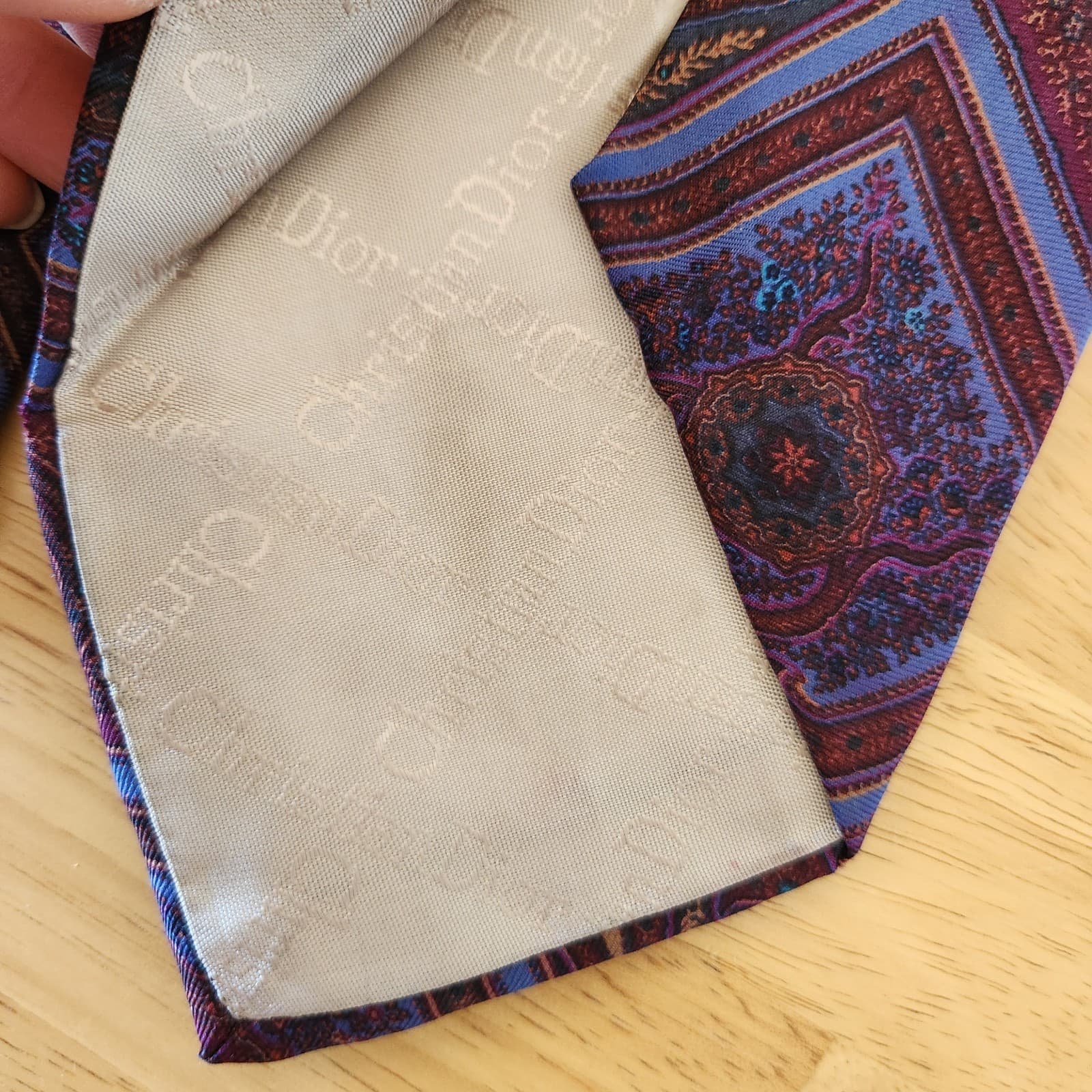 Vintage Christian Dior Made in USA Italian Silk Floral Paisley Neck-Tie Blue Red - Thumbnail 5
