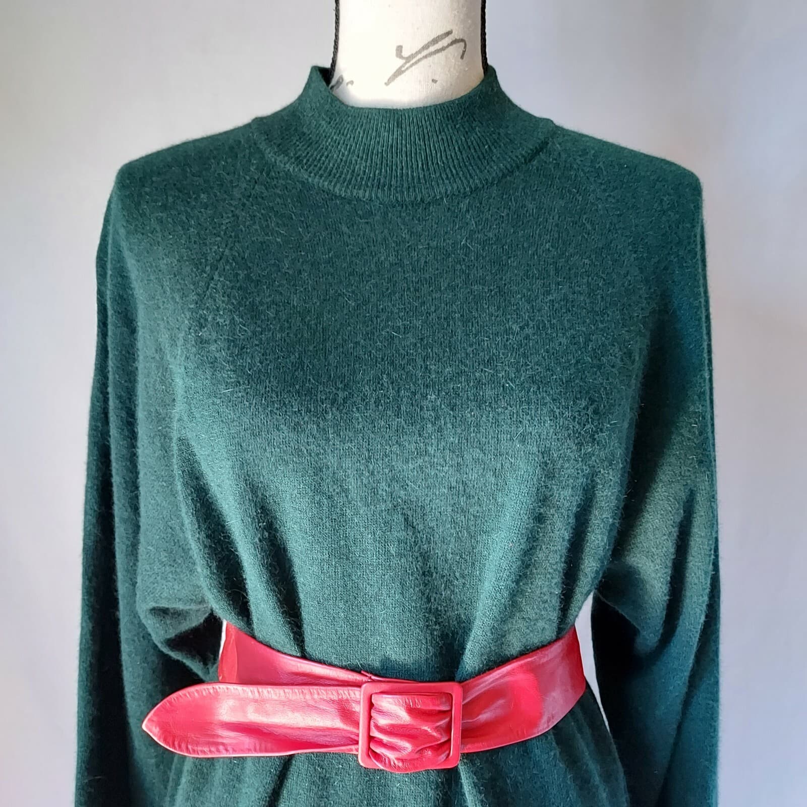 Vintage United Colors Of Benetton Wool Angora Sweater Dress Green 48 US-L Italy - Thumbnail 3