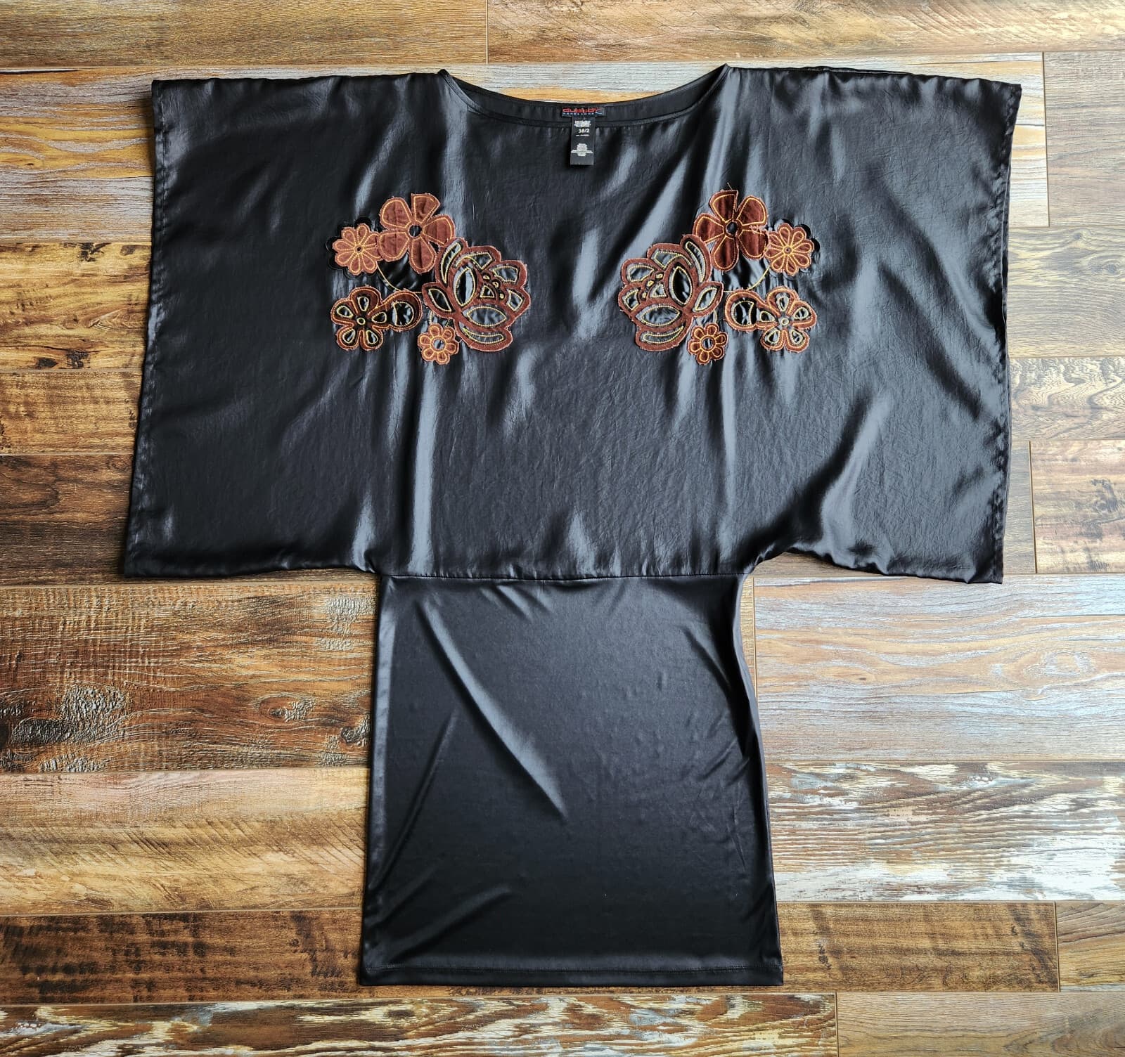 Custo Barcelona Floral Embellished Satin Kimono Sleeve Mini Dress Black Sz.38/2 - Thumbnail 7