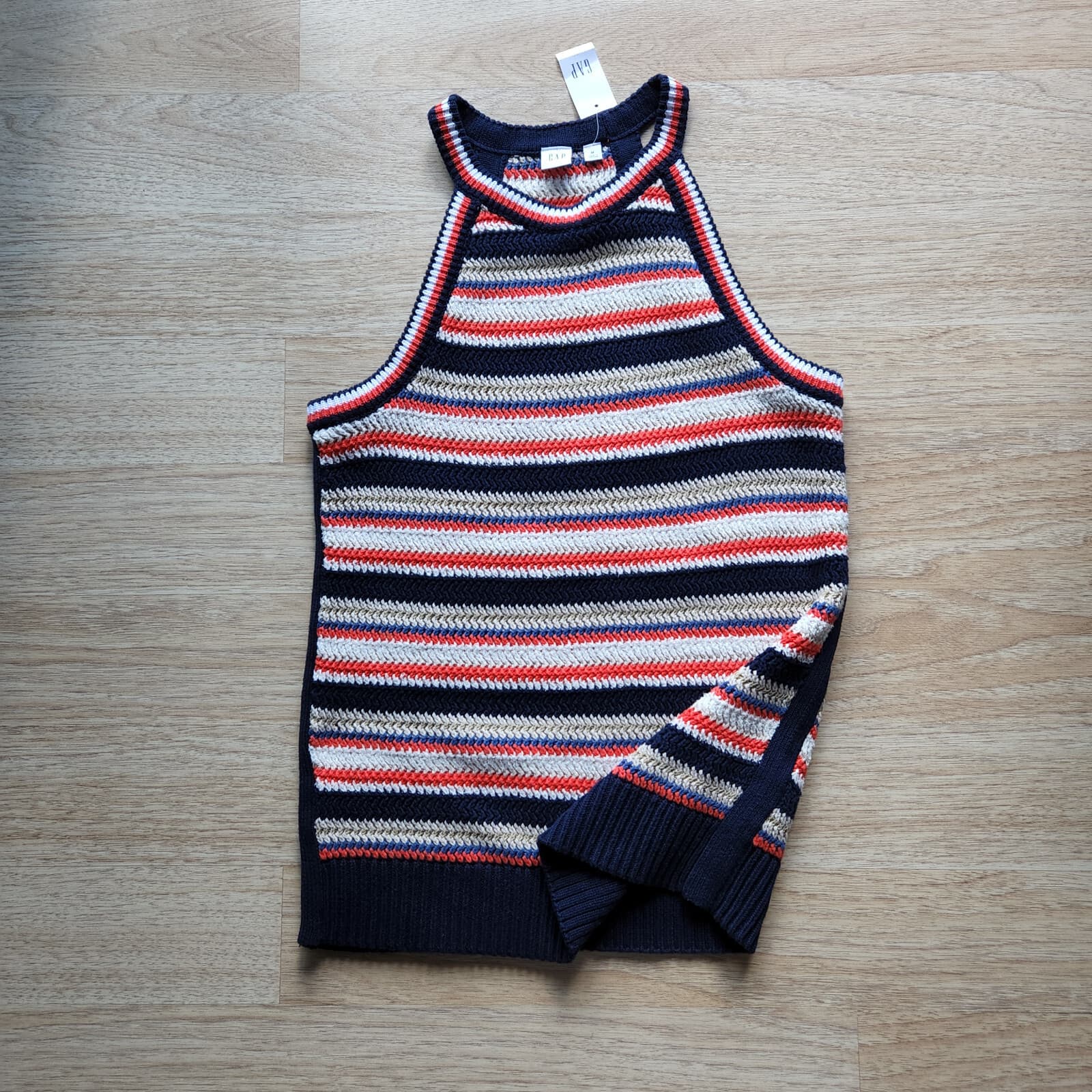 NWT Gap Crochet Stripe Halter Tank Top Cotton Blend Multicolor Women Sz.M - Thumbnail 6