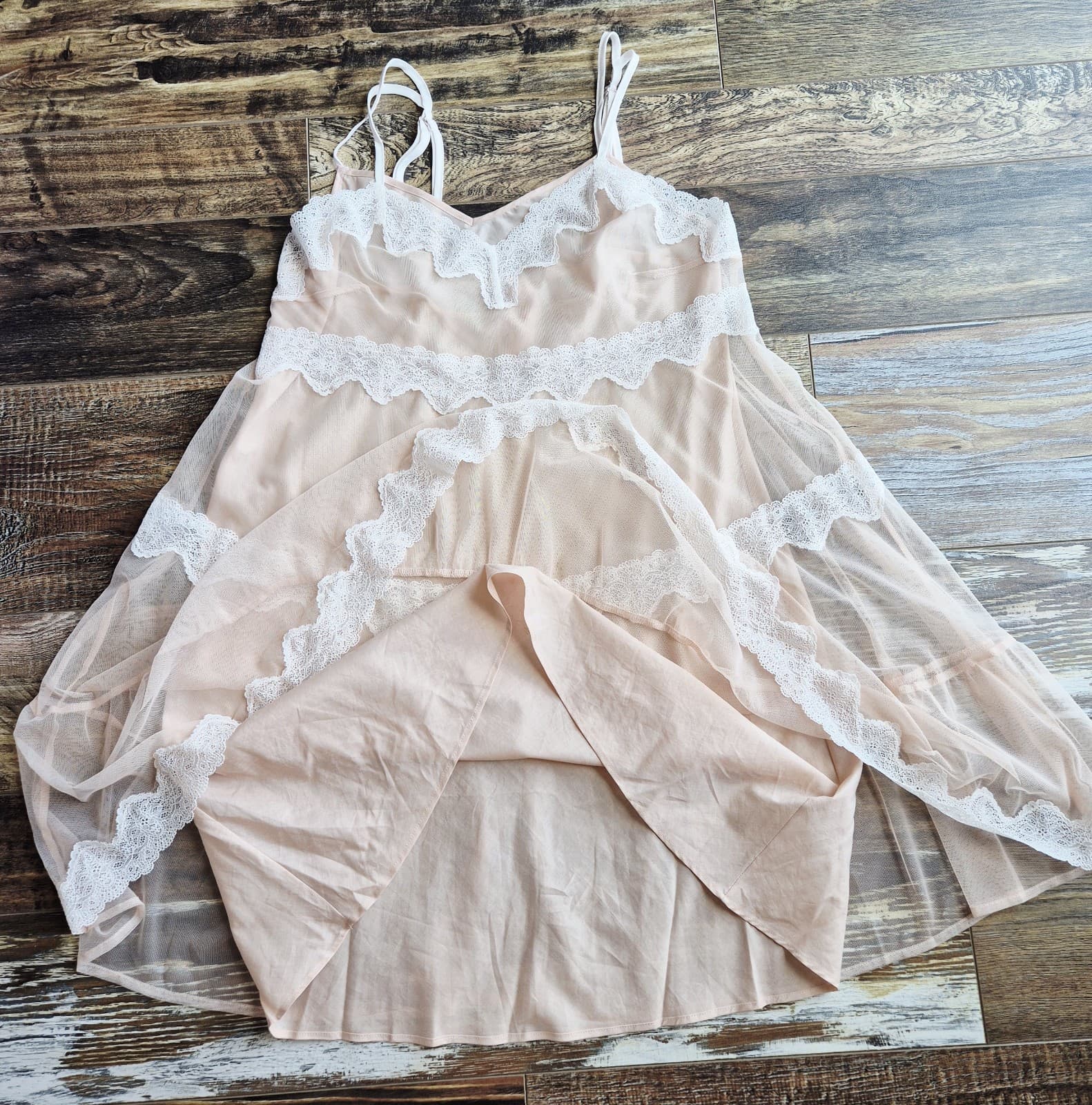 NWT Victoria's Secret 2 Piece Mesh Lace Mini Chemise Slip Dress Cream Nude Sz.M - Thumbnail 6