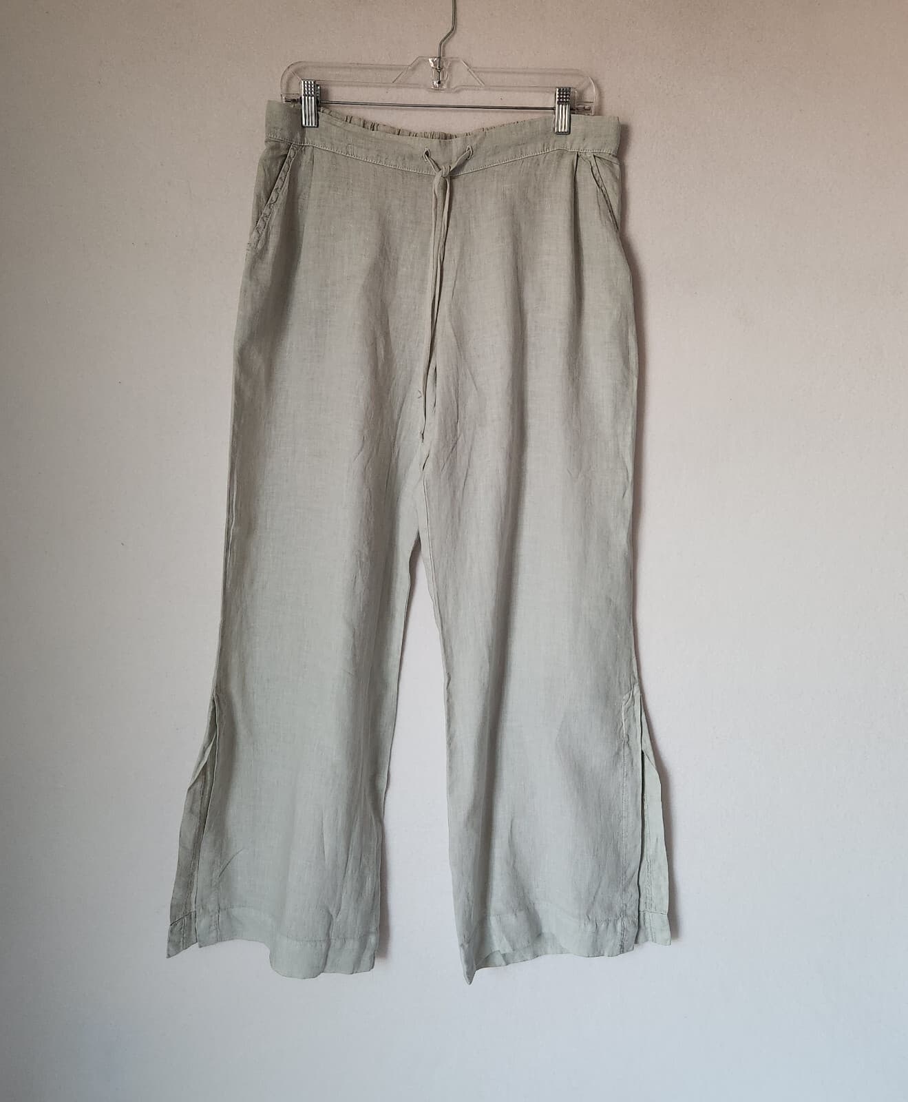 Bella Dahl Linen Front-Pleat Wide-Slit Leg Pants Pull-On Pocket Light-Green Sz.L - Thumbnail 2