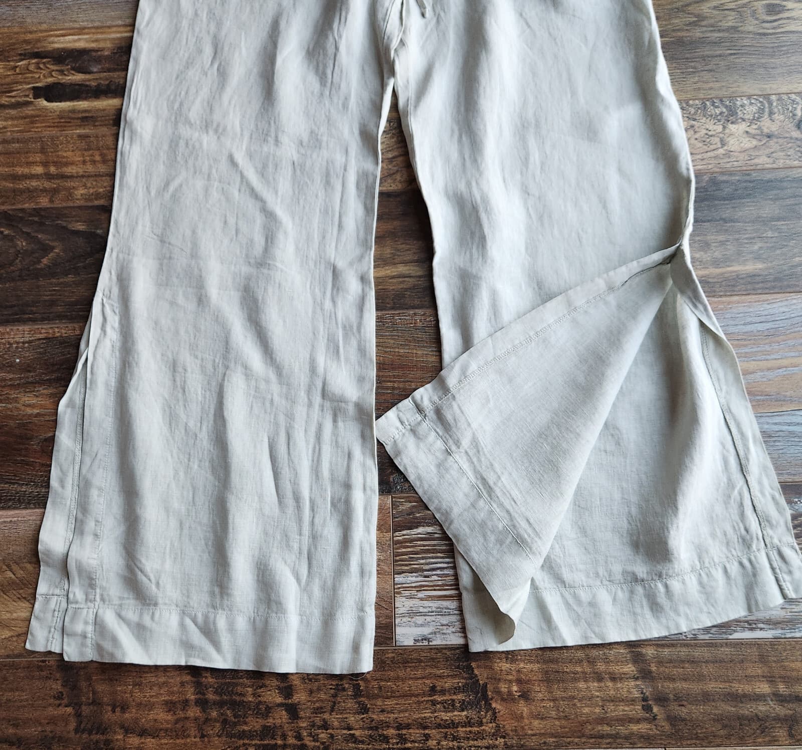 Bella Dahl Linen Front-Pleat Wide-Slit Leg Pants Pull-On Pocket Light-Green Sz.L - Thumbnail 3