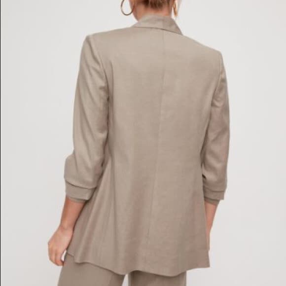 BABATON Aritzia Power Linen Blazer Jacket Open Front Ruched Sleeve Brown Sz.10 - Thumbnail 6