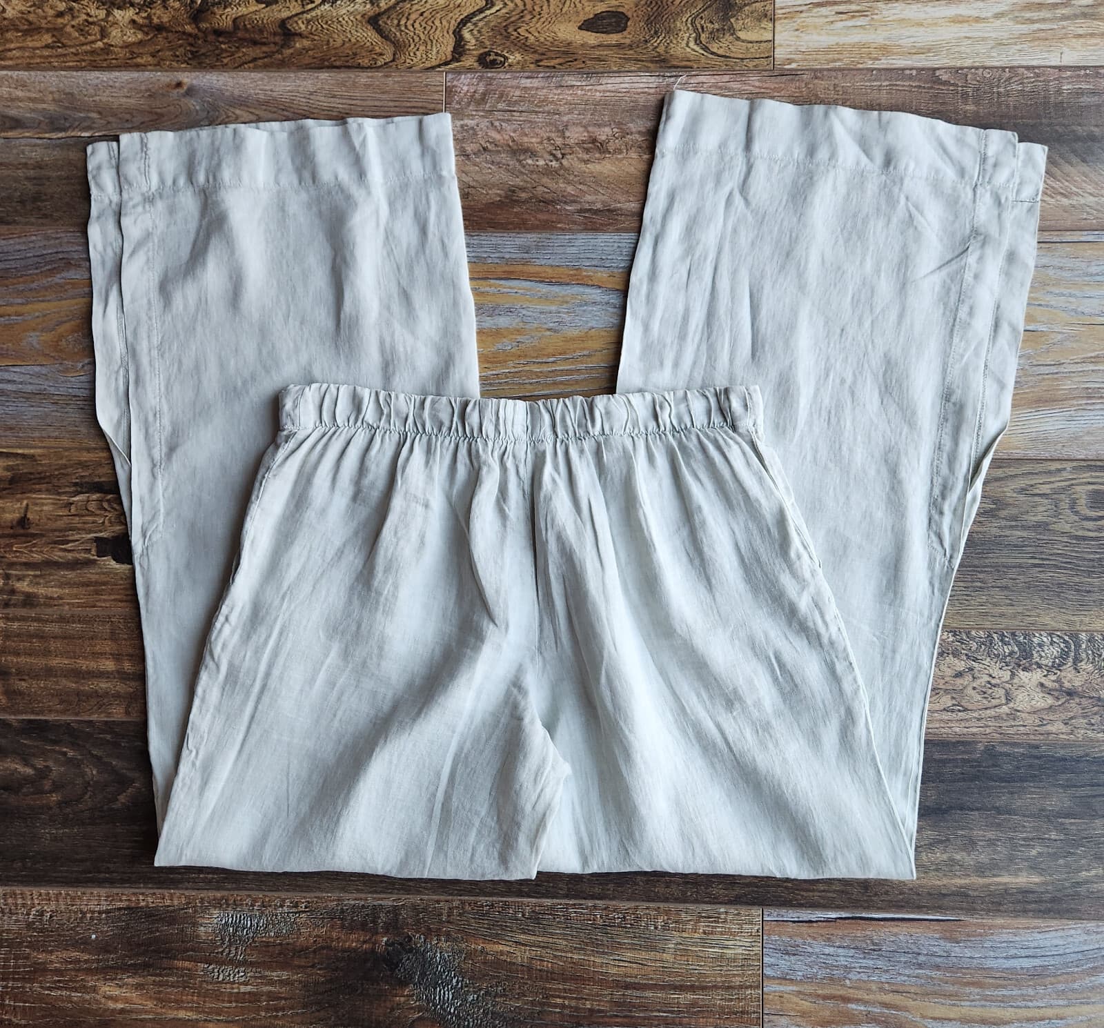 Bella Dahl Linen Front-Pleat Wide-Slit Leg Pants Pull-On Pocket Light-Green Sz.L - Thumbnail 6