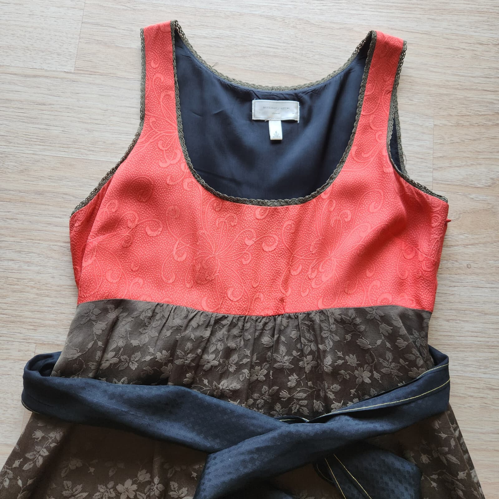 Moulinette Soeurs Anthropologie Silk Imprinted Colorblock Dress Tie-Waist Sz.6 - Thumbnail 7