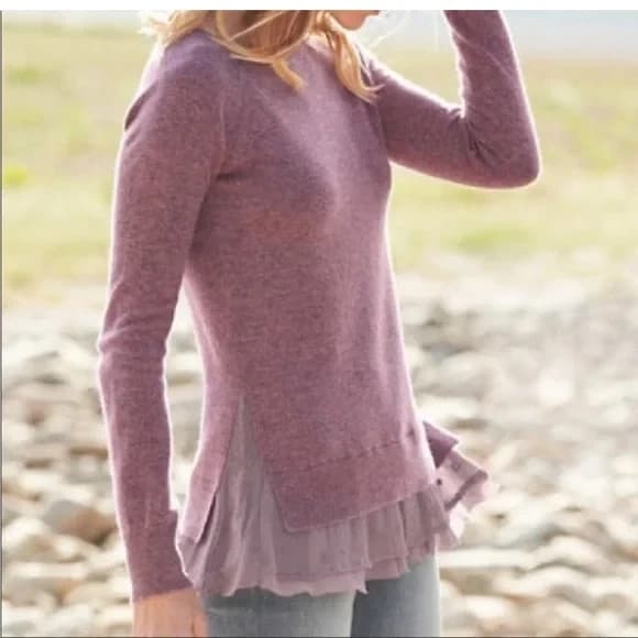 Garnet Hill Shirttail Cashmere Silk Lace Trim Sweater Crew Neck Mauve Women's L - Thumbnail 3