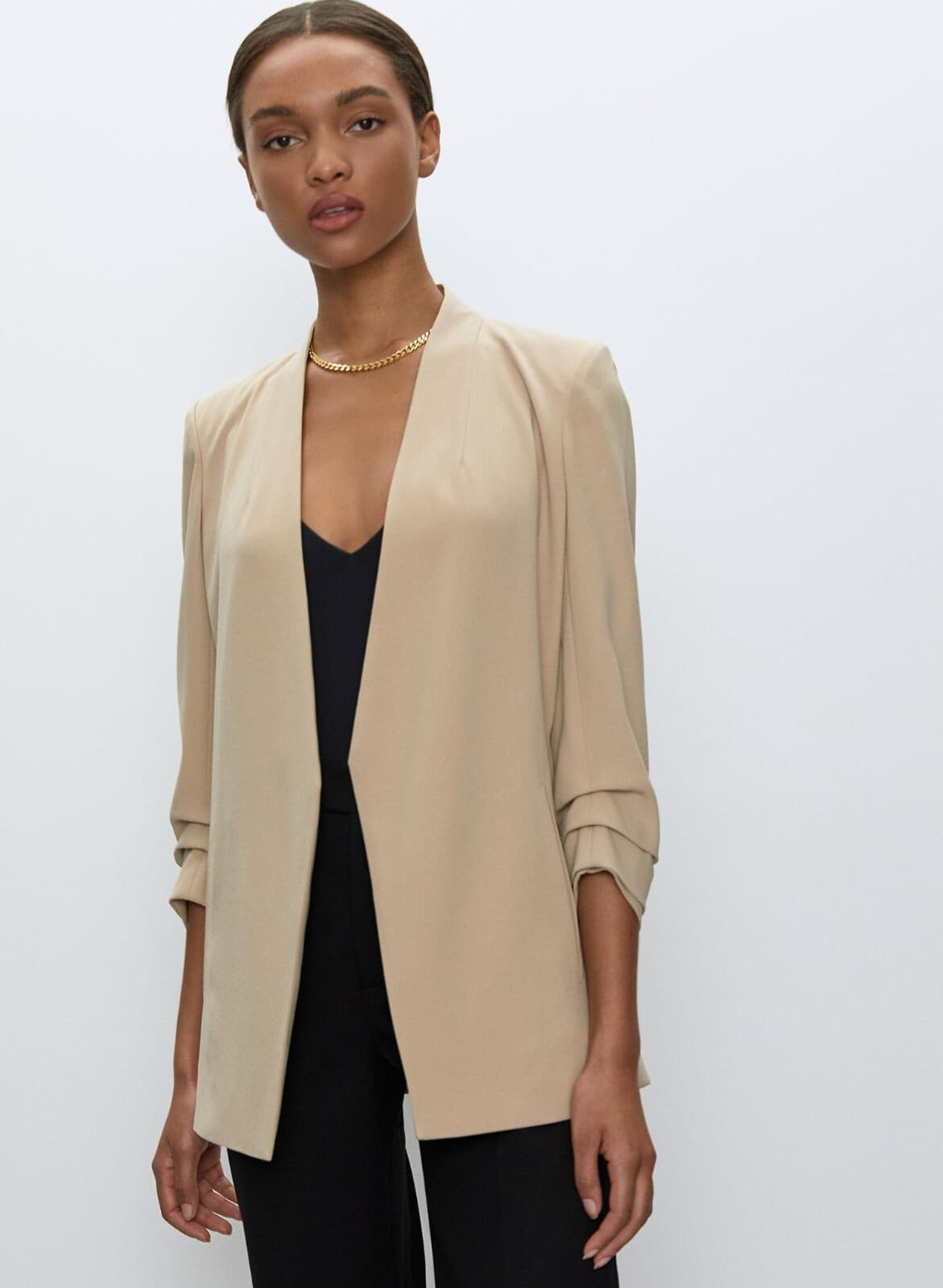 BABATON Aritzia Power Linen Blazer Jacket Open Front Ruched Sleeve Brown Sz.10 - Thumbnail 5