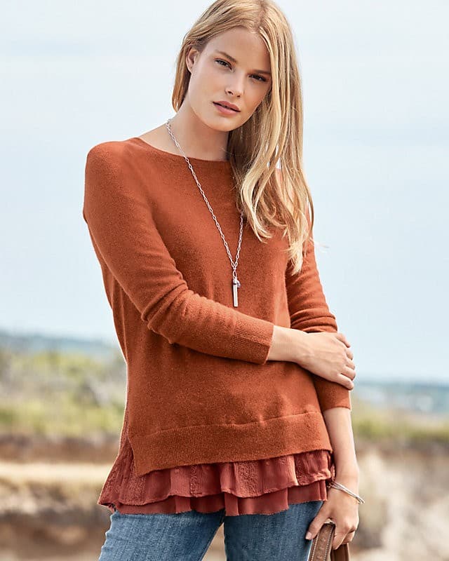 Garnet Hill Shirttail Cashmere Silk Lace Trim Sweater Crew Neck Mauve Women's L - Thumbnail 6