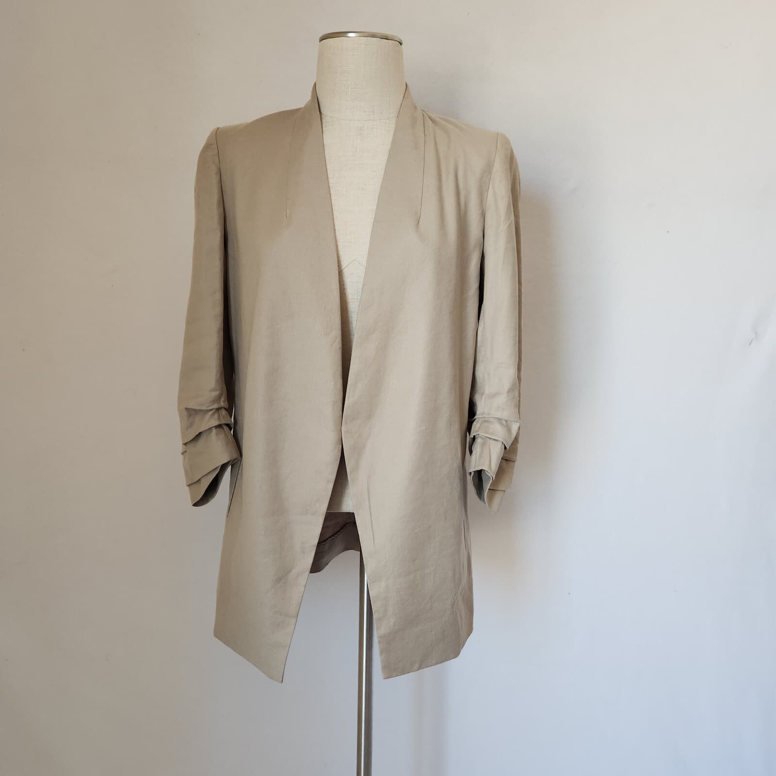 BABATON Aritzia Power Linen Blazer Jacket Open Front Ruched Sleeve Brown Sz.10 - Thumbnail 2